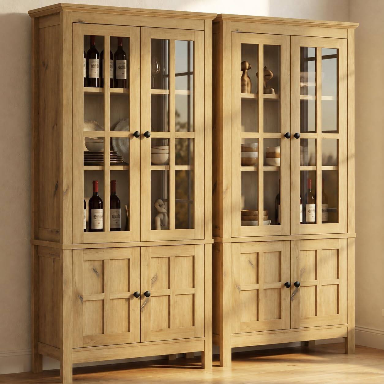 Alt View 3. Aheaplus - 63'' Tall Farmhouse Pantry Storage Cabinet with Adjustable Shelves and Glass Doors, 59'' Width, 2 Packs - Yellow Oak.