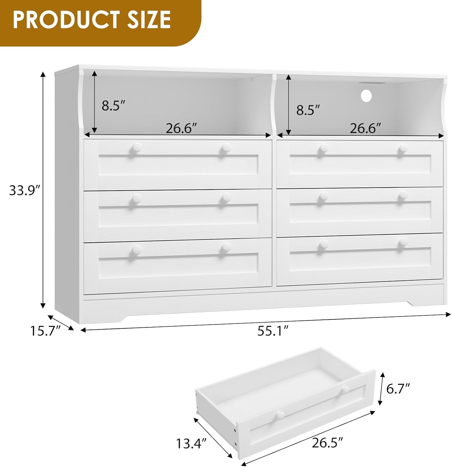 PRODUCT SIZE

- Height: 33.9"
- Width: 55.1"
- Depth: 15.7"
- Drawer Height: 6.7"
- Drawer Width: 26.5"
- Drawer Depth: 13.4"
- Cabinet Height: 8.5"
- Cabinet Width: 26.6"