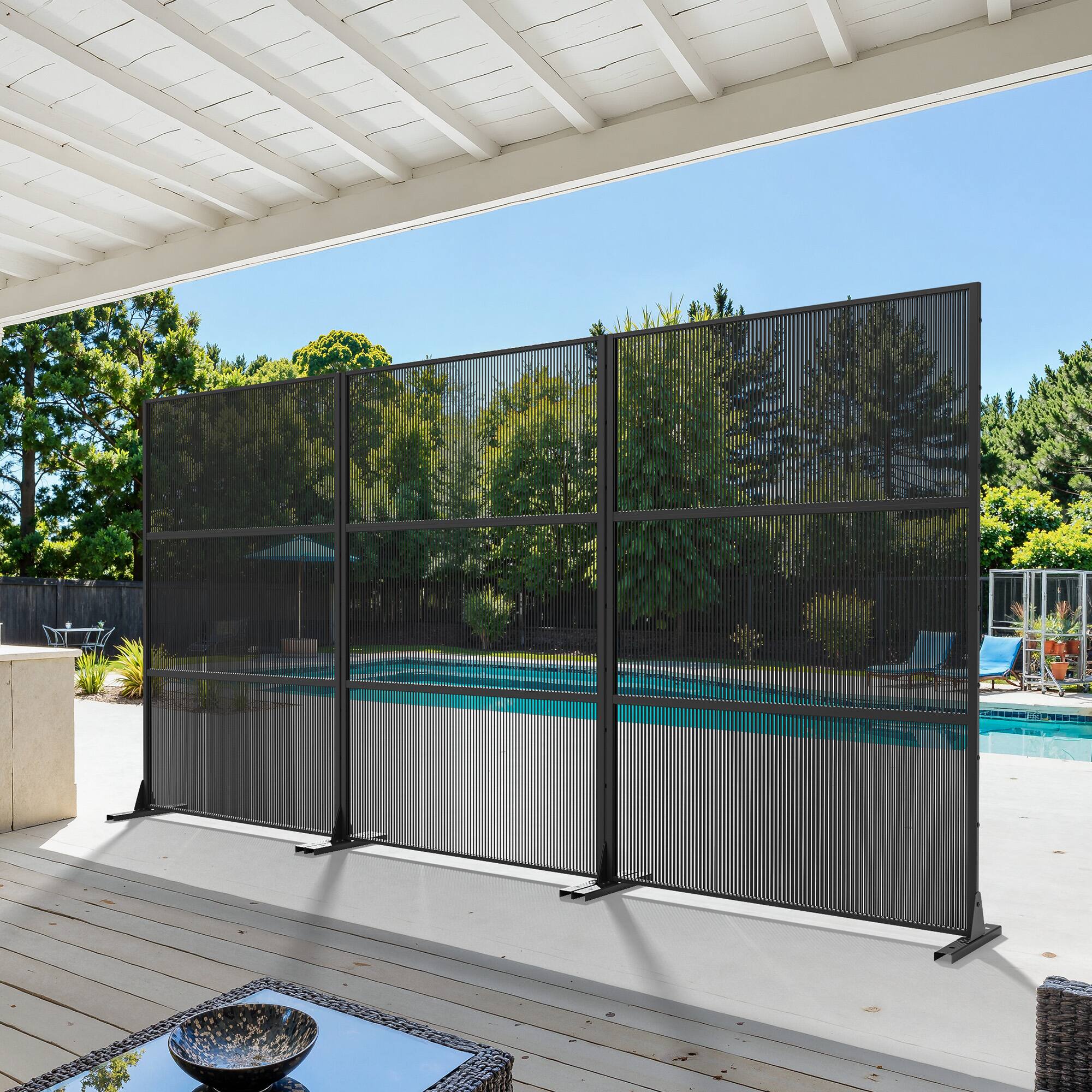 Alt View 6. PexFix - 72 in. x 47 in. Rattan Vertical Pattern Metal Outdoor Privacy Screen & Panels, Freestanding Garden Divider Fence - Black.