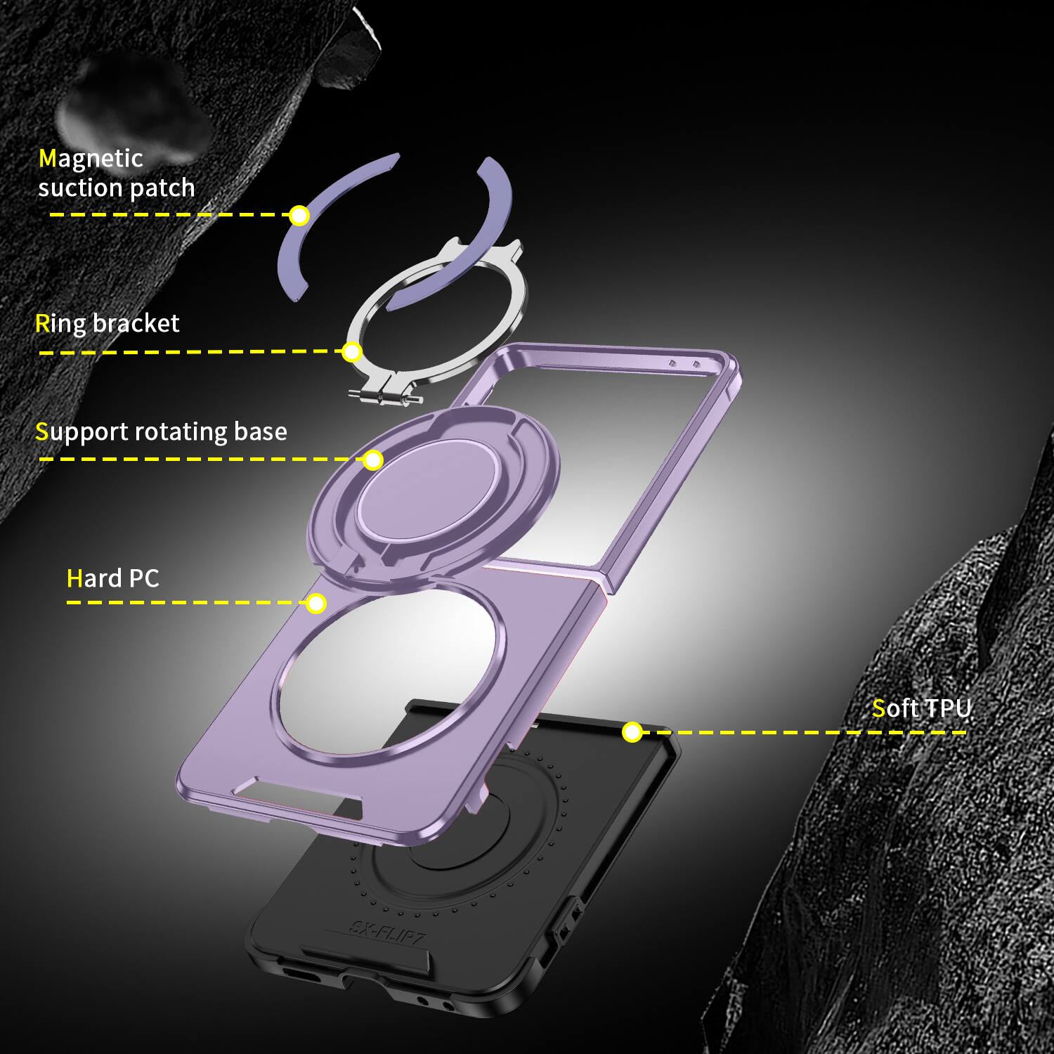 Magnetic suction patch  
Ring bracket  
Support rotating base  
Hard PC  
Soft TPU  
SX-FLIP7