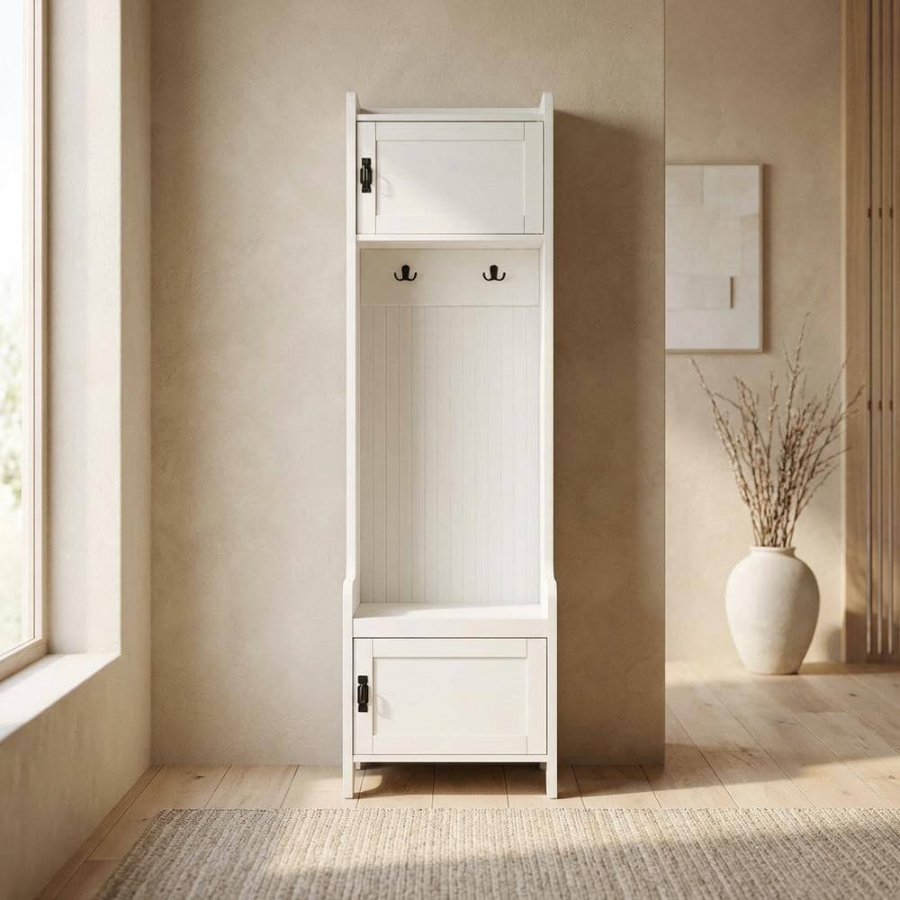 Angle. FurniFact - White Narrow Hall Tree - Distressed White.