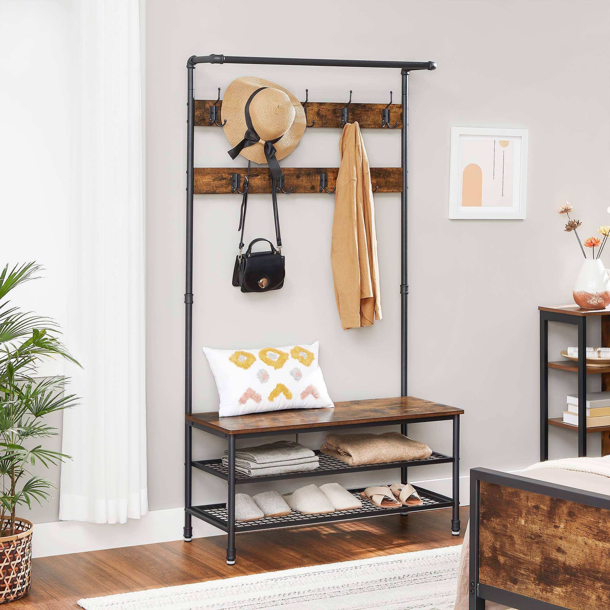 Alt View 2. Songmics Home - 3-in-1 Hall Tree Coat Rack with Storage Shelves Industrial Style Rustic Brown & Bronze - Brown.
