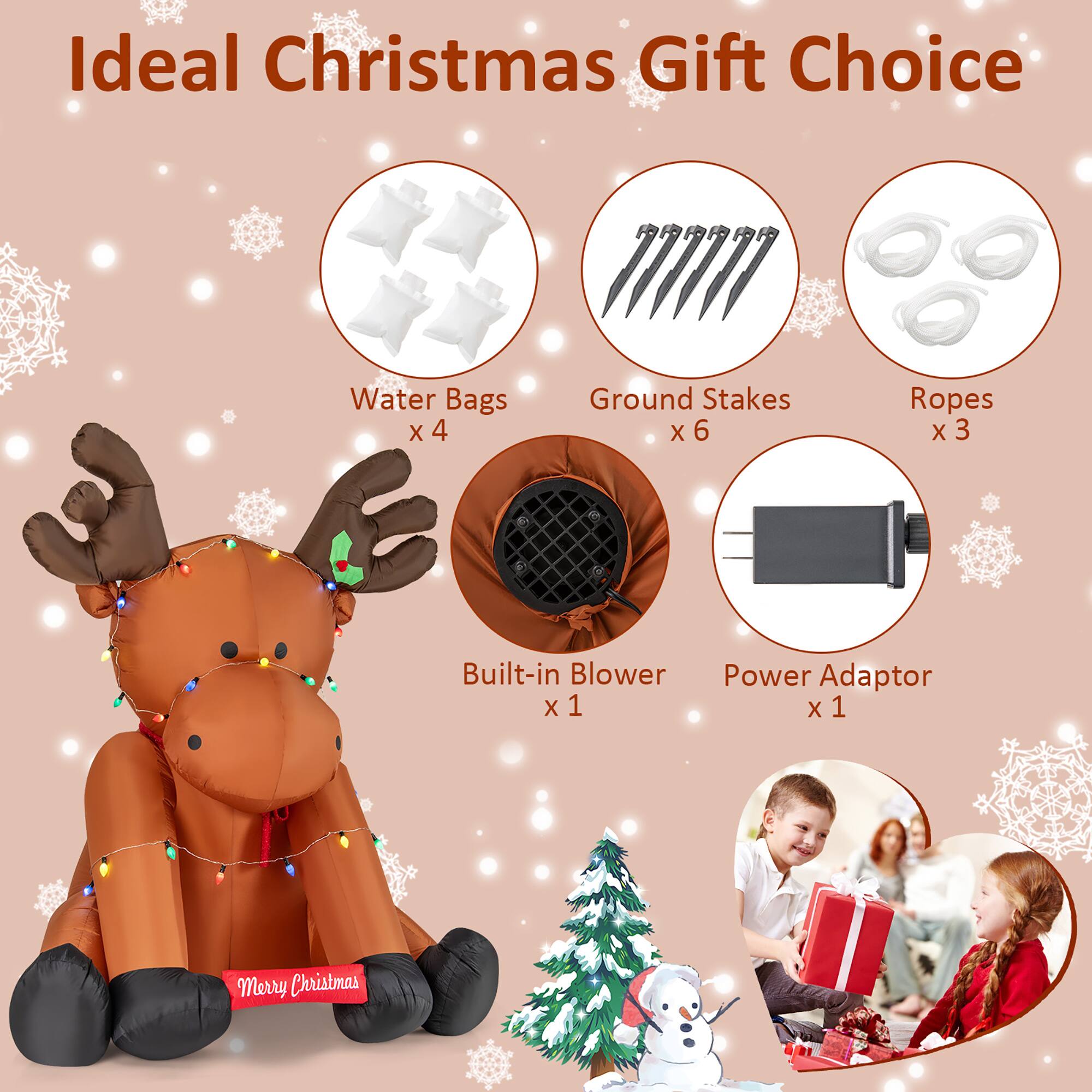 Ideal Christmas Gift Choice

- Water Bags x 4
- Ground Stakes x 6
- Ropes x 3
- Built-in Blower x 1
- Power Adaptor x 1

Merry Christmas