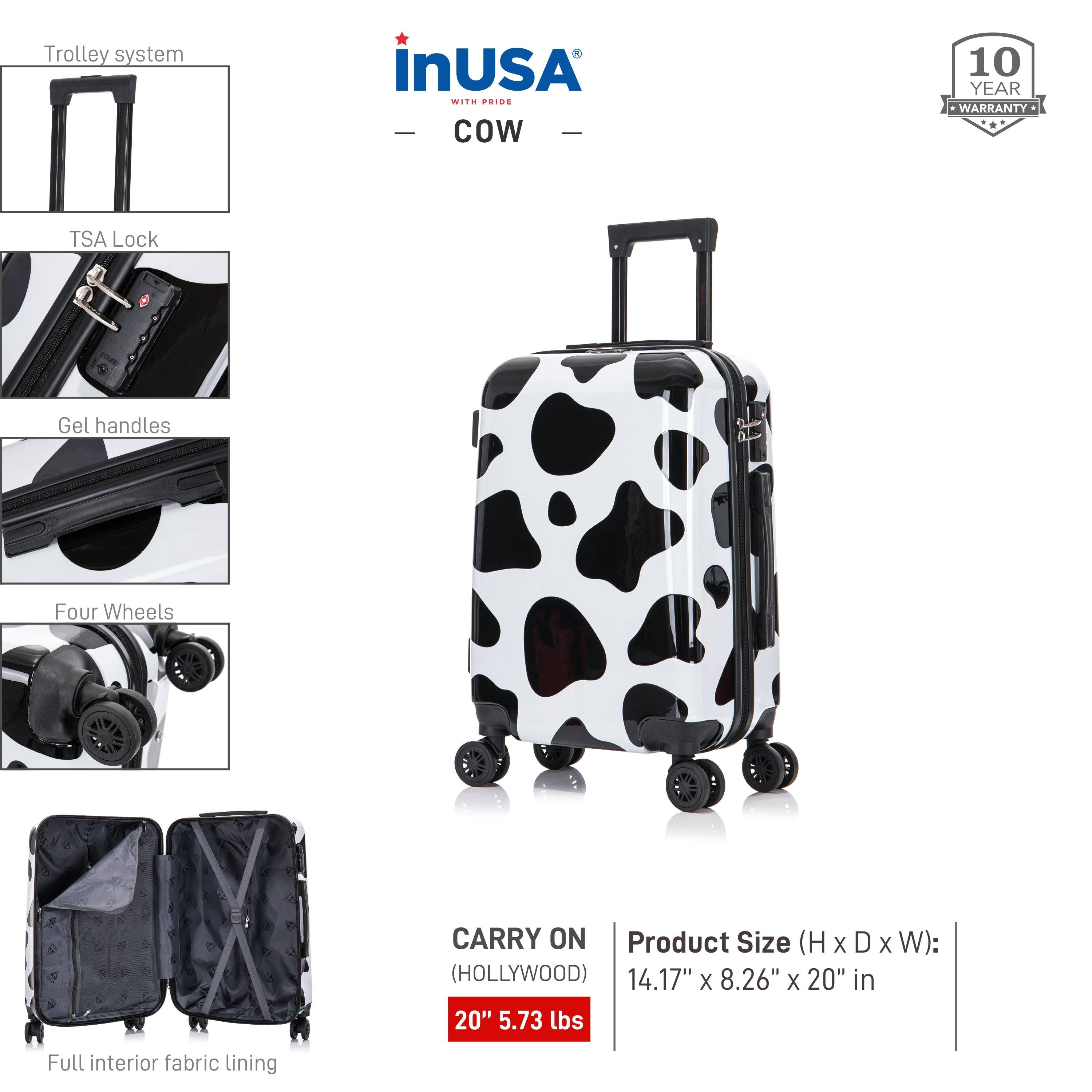 - Trolley system
- TSA Lock
- Gel handles
- Four Wheels
- Full interior fabric lining

CARRY ON (HOLLYWOOD)  
20" 5.73 lbs

Product Size (H x D x W):  
14.17" x 8.26" x 20" in

10 YEAR WARRANTY

InUSA  
WITH PRIDE  
COW