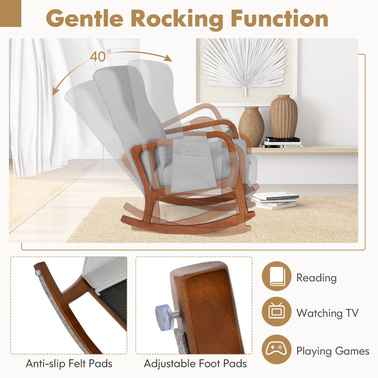Gentle Rocking Function 40° Reading Watching TV Playing Games Anti-slip Felt Pads Adjustable Foot Pads