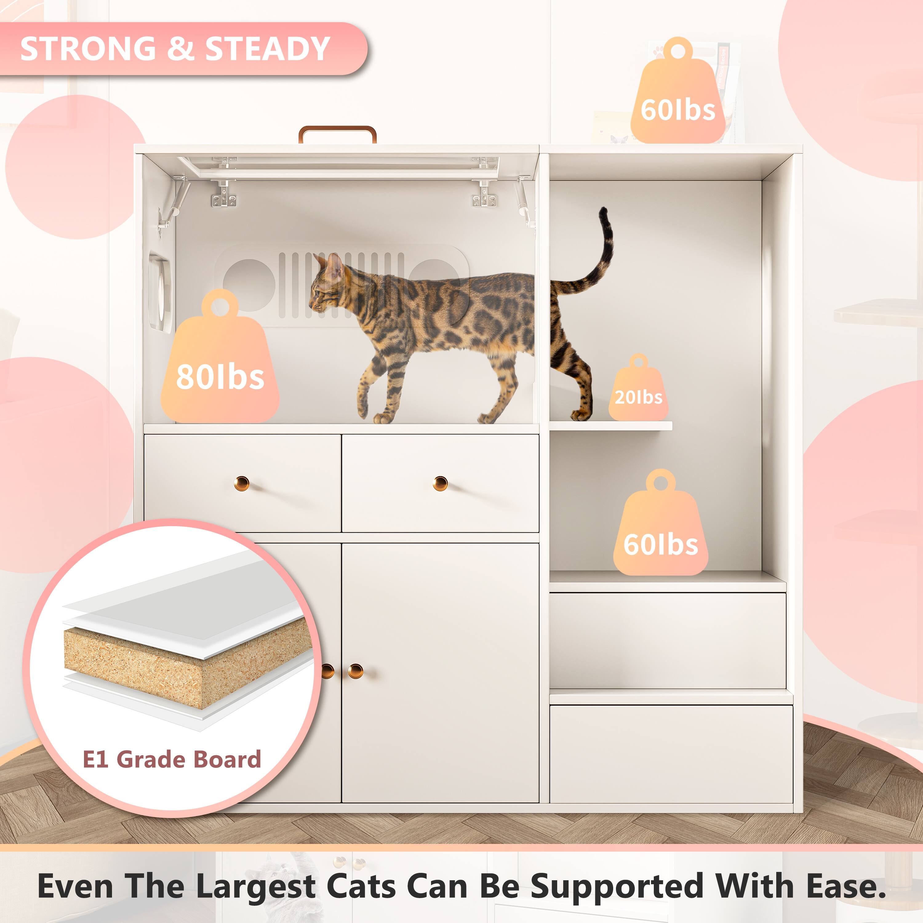 STRONG & STEADY

80lbs  
60lbs  
20lbs  
60lbs  

E1 Grade Board  

Even The Largest Cats Can Be Supported With Ease.