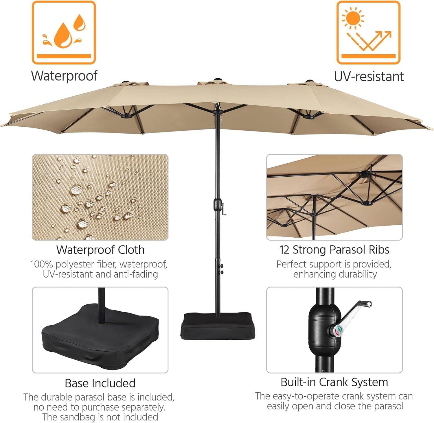 Waterproof UV-resistant Waterproof Cloth 100% polyester fiber, waterproof, UV-resistant and anti-fading

12 Strong Parasol Ribs
Perfect support is provided, enhancing durability

Base Included
The durable parasol base is included, no need to purchase separately. The sandbag is not included

Built-in Crank System
The easy-to-operate crank system can easily open and close the parasol