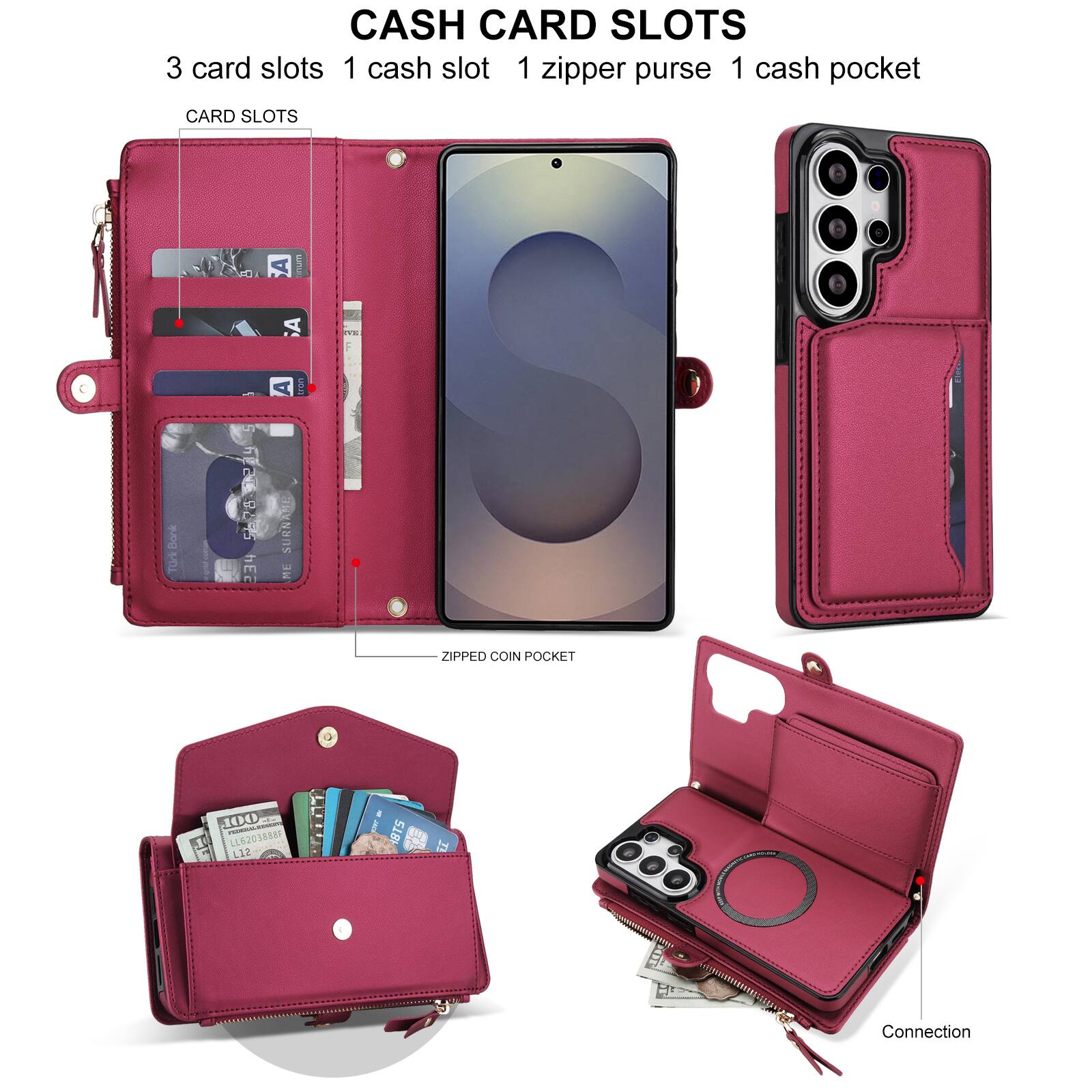 CASH CARD SLOTS  
3 card slots  
1 cash slot  
1 zipper purse  
1 cash pocket  

CARD SLOTS  

ZIPPED COIN POCKET  

Connection
