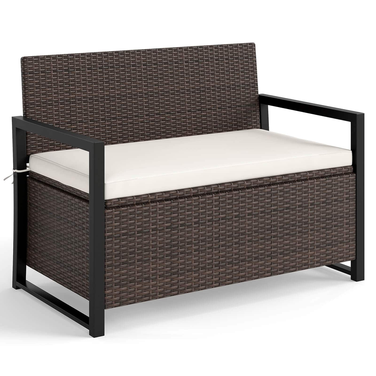 Front. Costway - Costway Patio Storage Bench Wicker Loveseat with Built-in Storage & Long Seat Cushion - Brown.