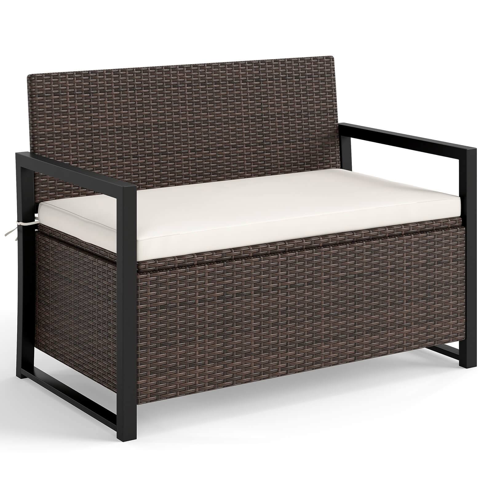 Front. Costway - Costway Patio Storage Bench Wicker Loveseat with Built-in Storage & Long Seat Cushion - Brown.