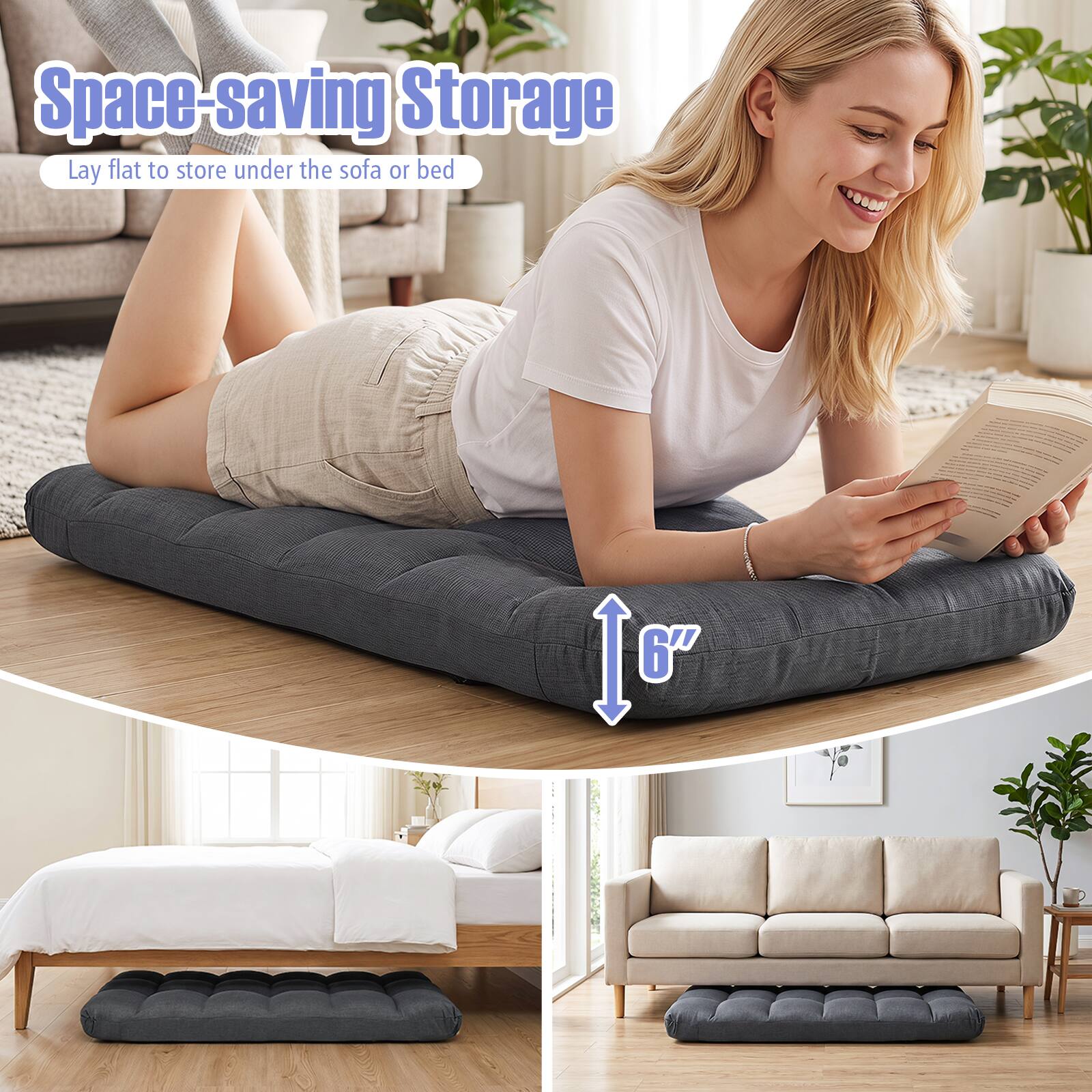 Space-saving Storage  
Lay flat to store under the sofa or bed  
10" x 6"