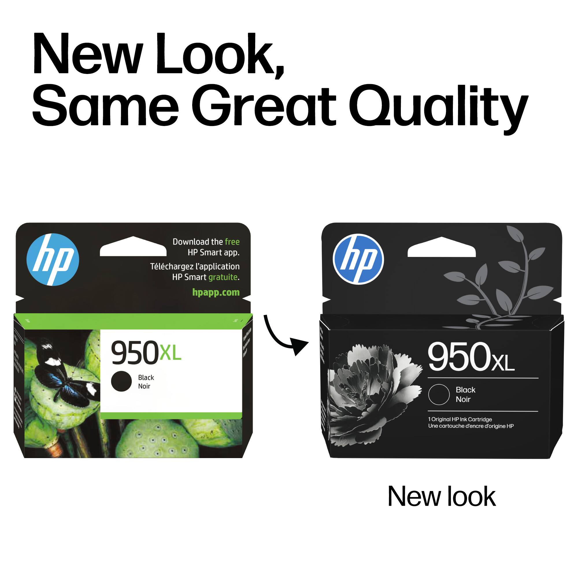 New Look, Same Great Quality

Download the free HP Smart app.  
Téléchargez l'application HP Smart gratuite.  
hpapp.com

hp 950XL Black Noir  
950xL Block Noir  
Original HP Ink Cartridge  
Une cartouche d'encre d'origine HP

New look