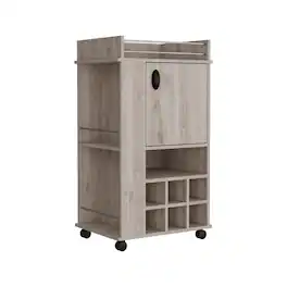 TuHome - Fargo Bar Cart with Cabinet, 6 Built-In Wine Rack, Casters, Bar Room - Light Gray