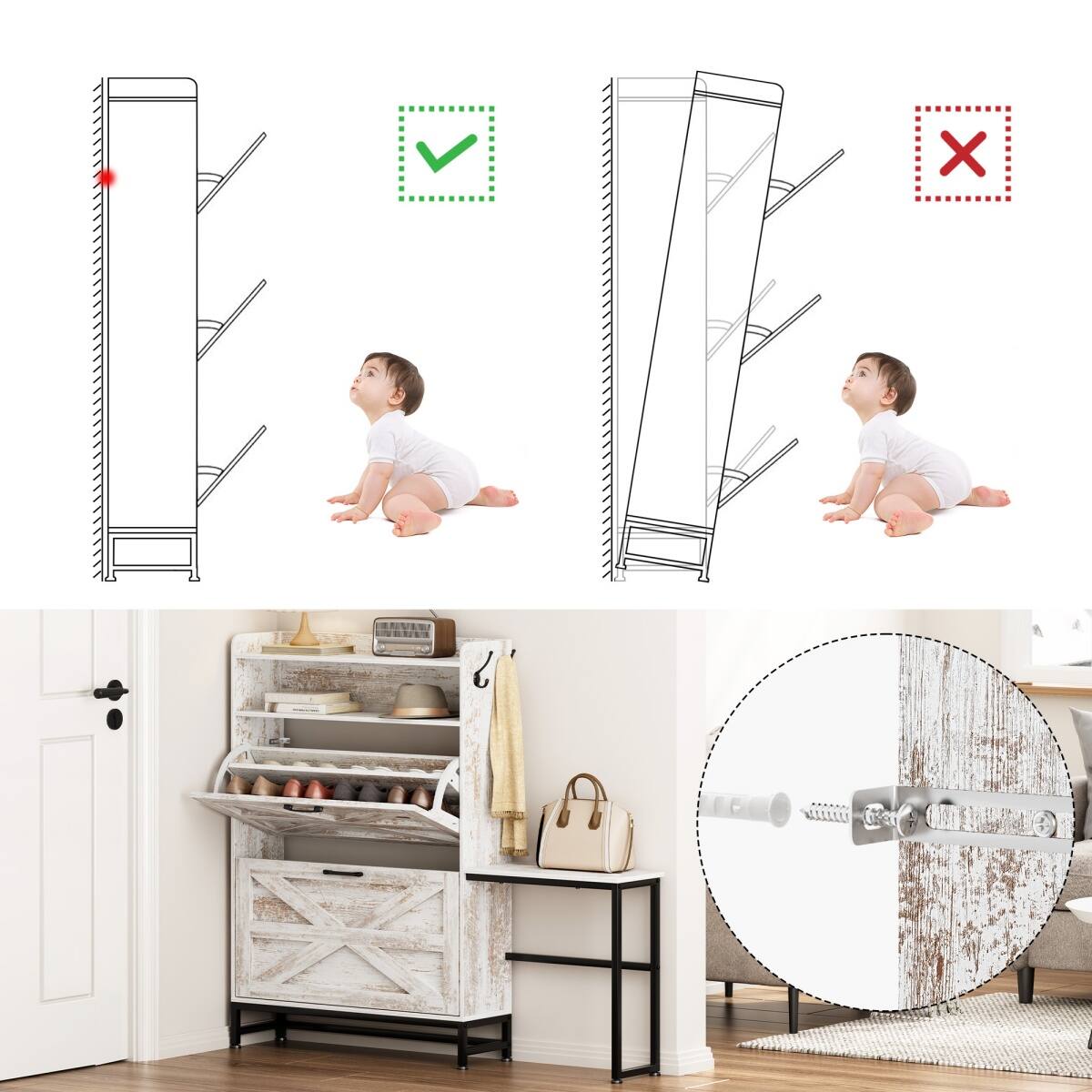 Alt View 4. Halitaa - Large Capacity Shoe Cabinet with Adjustable Shelves & Anti-Tip Design,Storage Organizer for Entryway Hallway Living Room - White.