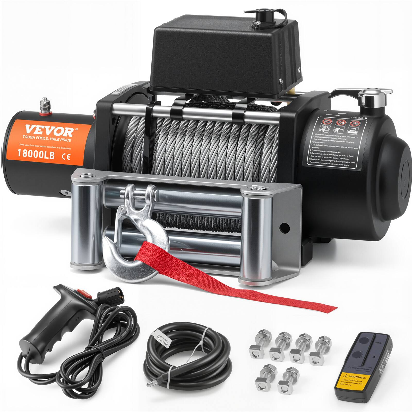 VEVOR - Electric Winch, 18,000 lb, 12V DC Truck Winch with Φ7/16 in x 85 ft Steel Cable Roller Fairlead, Remote Control - Black