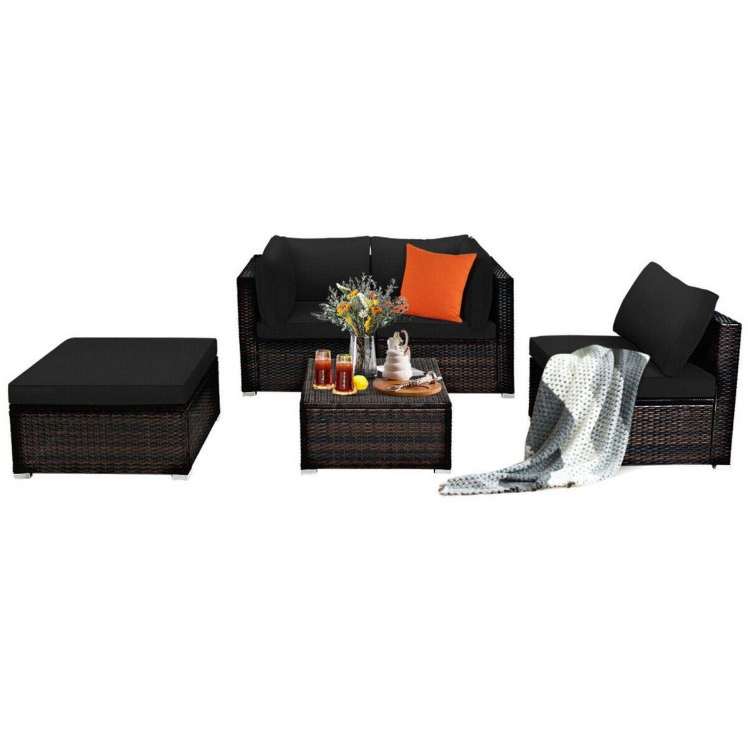 Alt View 2. Kadyn - 5 Pcs Patio Sectional Rattan Furniture Set with Ottoman Table-Black, Patio Seating Conversation - Black.
