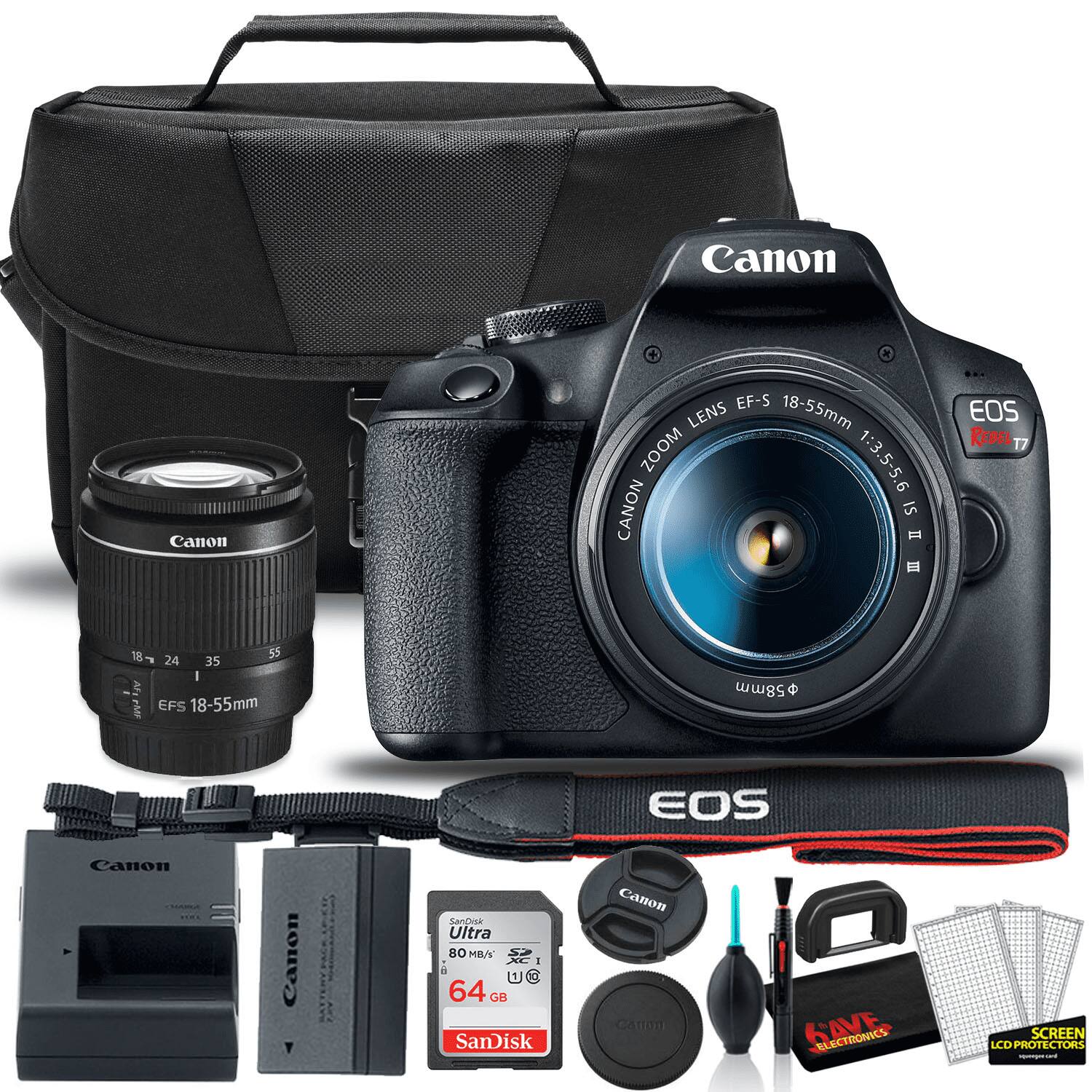 Canon EF-S 18-55mm Lens Zoom 1:3.5-5.6 IS STM  
Canon EOS Rebel T7  
Canon EFS 18-55mm  
SanDisk Ultra 64 GB  
Canon Battery  
Canon Lens Cap  
Canon Lens Hood  
Canon Strap  
LCD Protectors