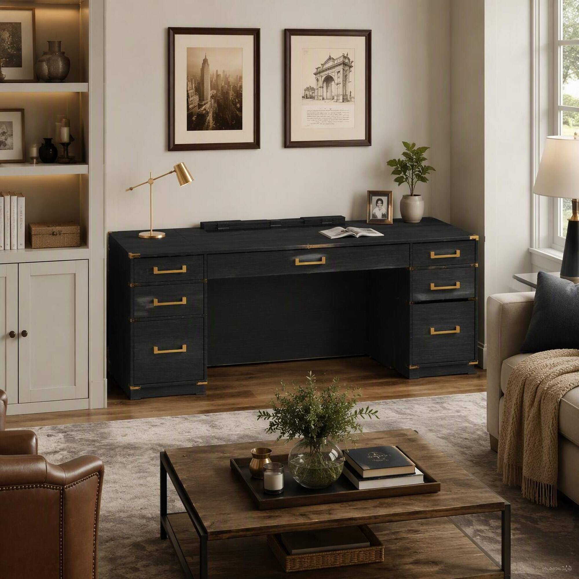 Back. RYHNUYNE - 70 inch Extra-Large Executive Desk, Classic Black, Gold Finish, 7 Drawers, USB Ports and Outlets, Home Office - Black+Gold.