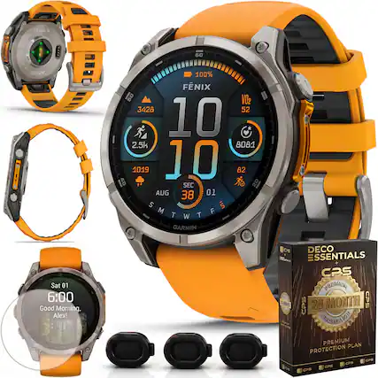 FENIX 60 0 Oaan 100% FNIX 8 VO2 3428 52 10 2.5k 8081 1019 10 82 40 SEC 20 AUG 38 01 S S SMWTF M GARMIN Sat 01 6:00 Good Morning. Alex! CS DECO ESSENTIALS CPS PREMIUM CPS 24 MONTH CPS PROTECTION PREMIUM PLAN