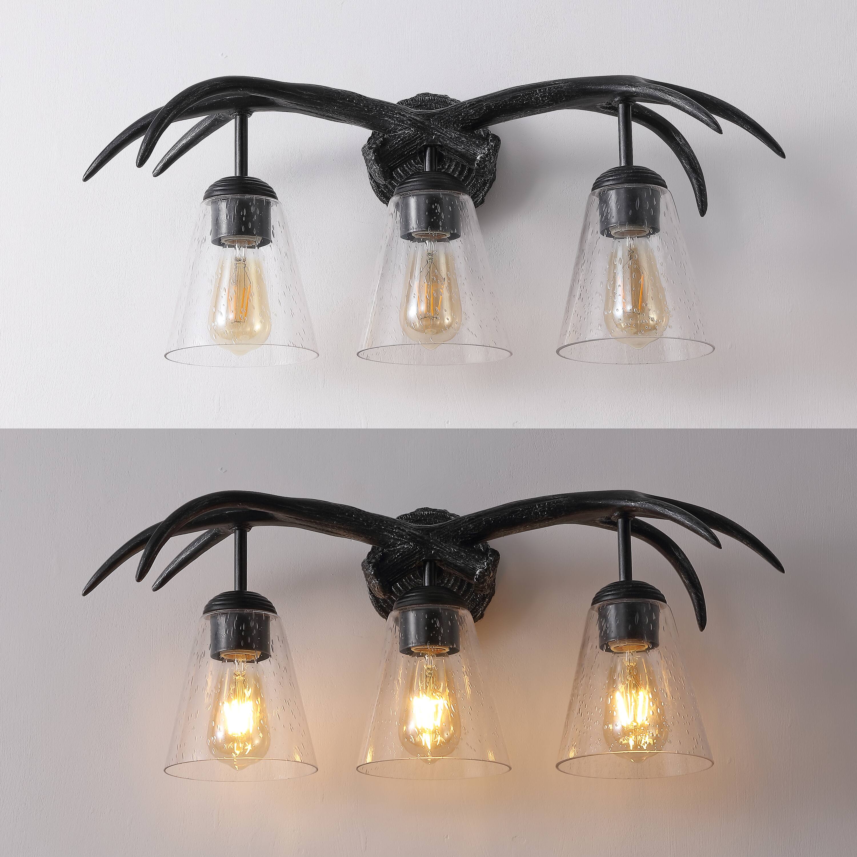 Alt View 6. Jonathan Y - Wyatt 25.5" 3-Light Southwestern Bohemian Resin/Seeded Glass Faux Antler LED Vanity Light, Antique Black Wood Finish - Antique Black.