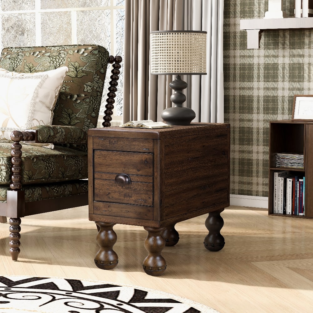 Loheer - Solid Wood End Table Narrow Side Table with Drawer Vintage Bedside Table Nightstand for Small Spaces - Espresso price history on PriceWatchPro