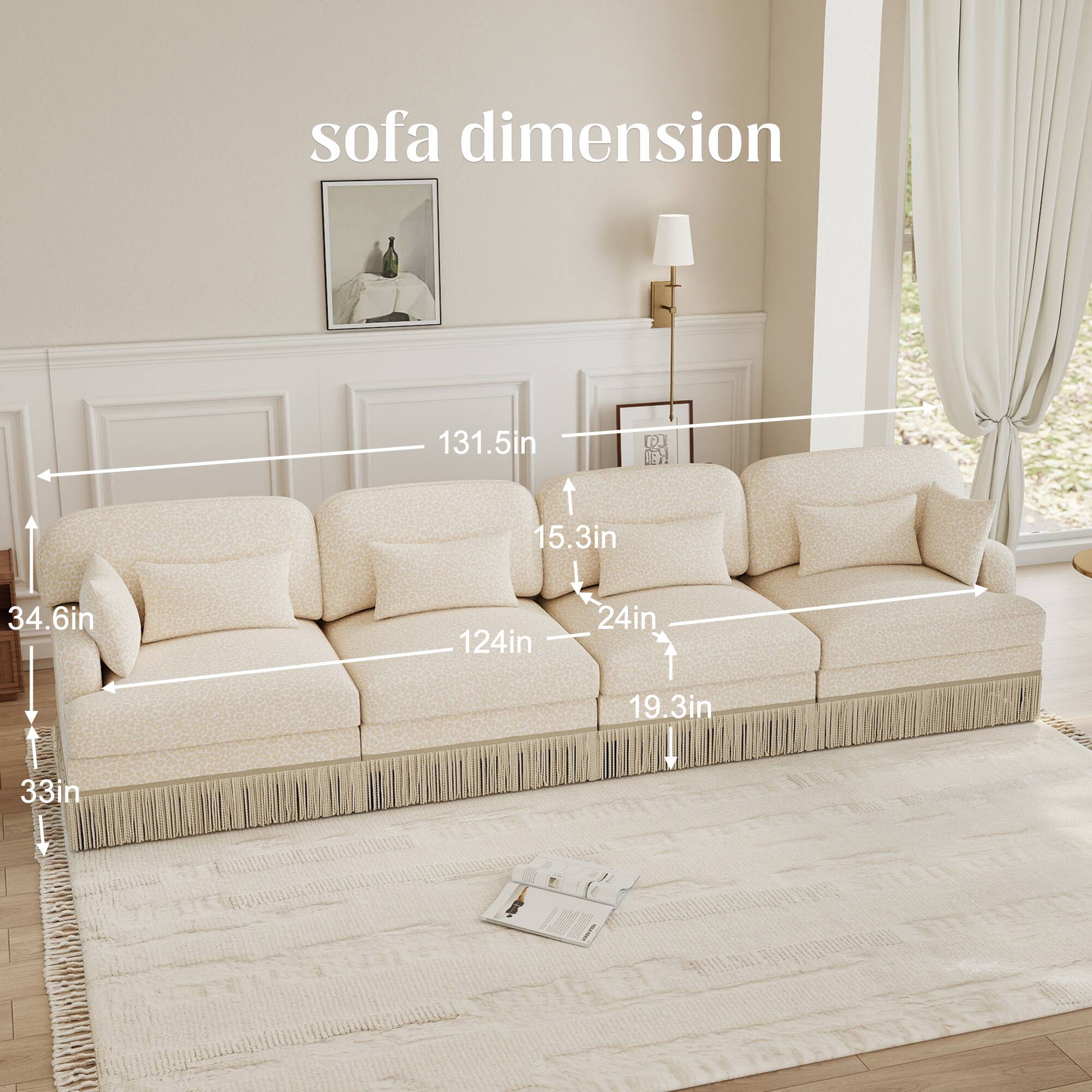 sofa dimension  
131.5in x 15.3in x 34.6in x 124in x 24in x 19.3in x 33in