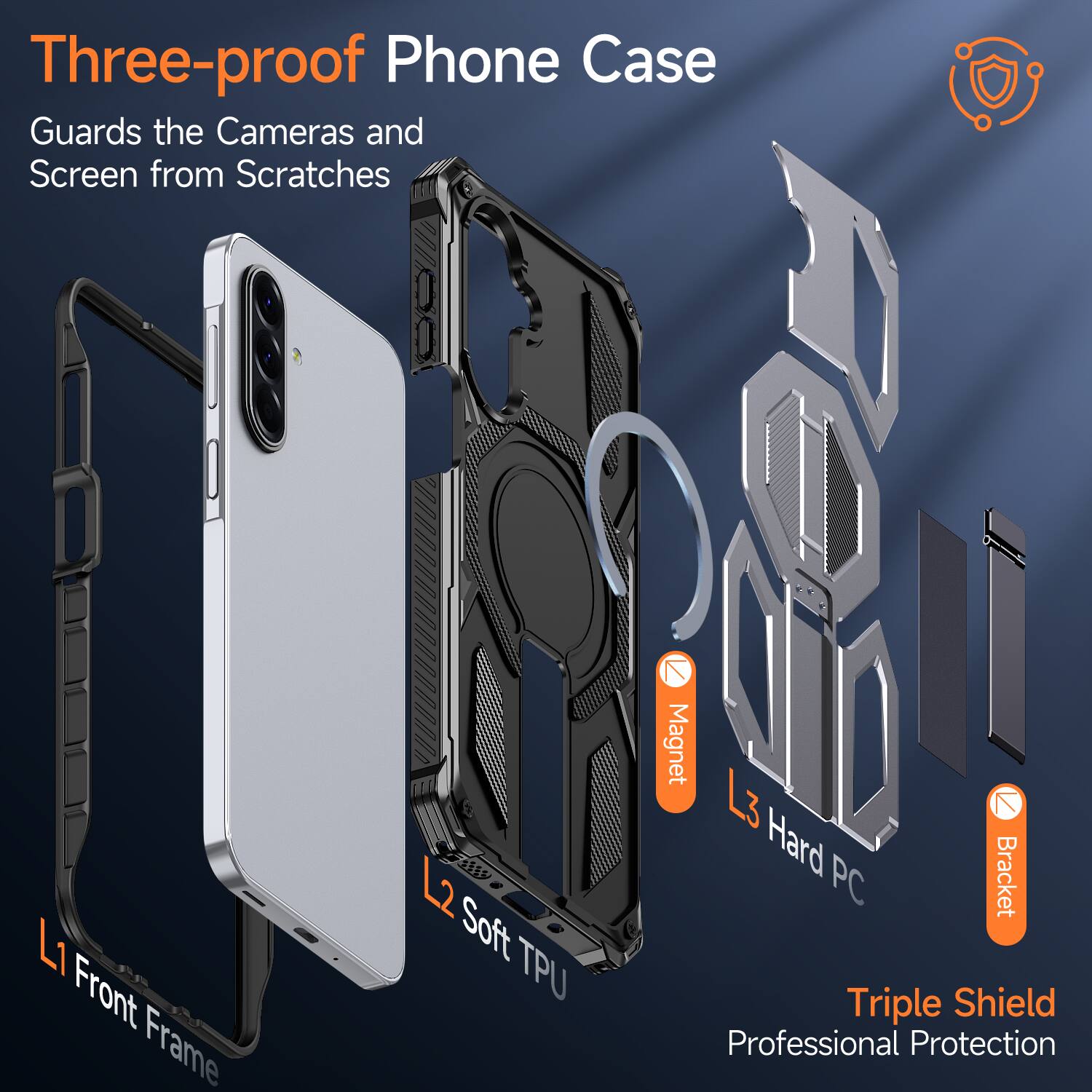 Three-proof Phone Case
Guards the Cameras and Screen from Scratches

L1 Front Frame
Soft TPU
Magnet
L2 Soft TPU
L3 Hard PC Bracket
Triple Shield
Professional Protection