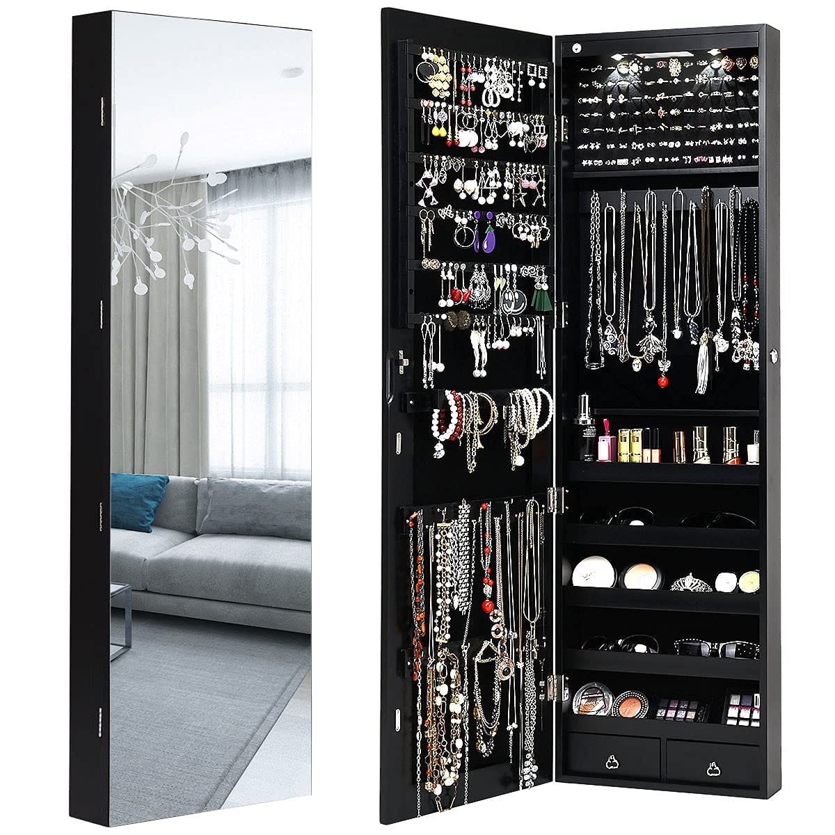 Cedar Assembly - Armoire Wall Door Mounted Hanging Organizer W full-length Mirror 2 Led Lights And Lockable Large Storage Ca - Espresso