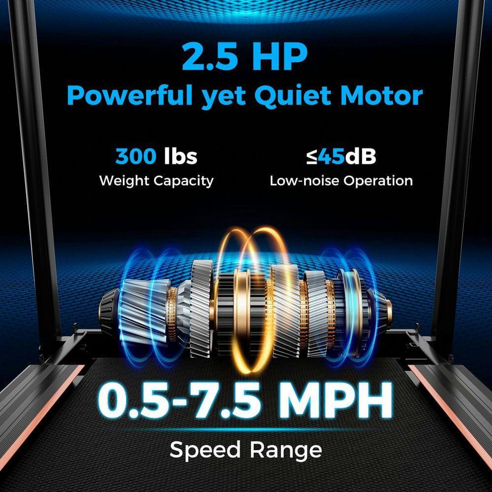 2.5 HP Powerful yet Quiet Motor  
300 lbs Weight Capacity  
≤45dB Low-noise Operation  
0.5-7.5 MPH Speed Range