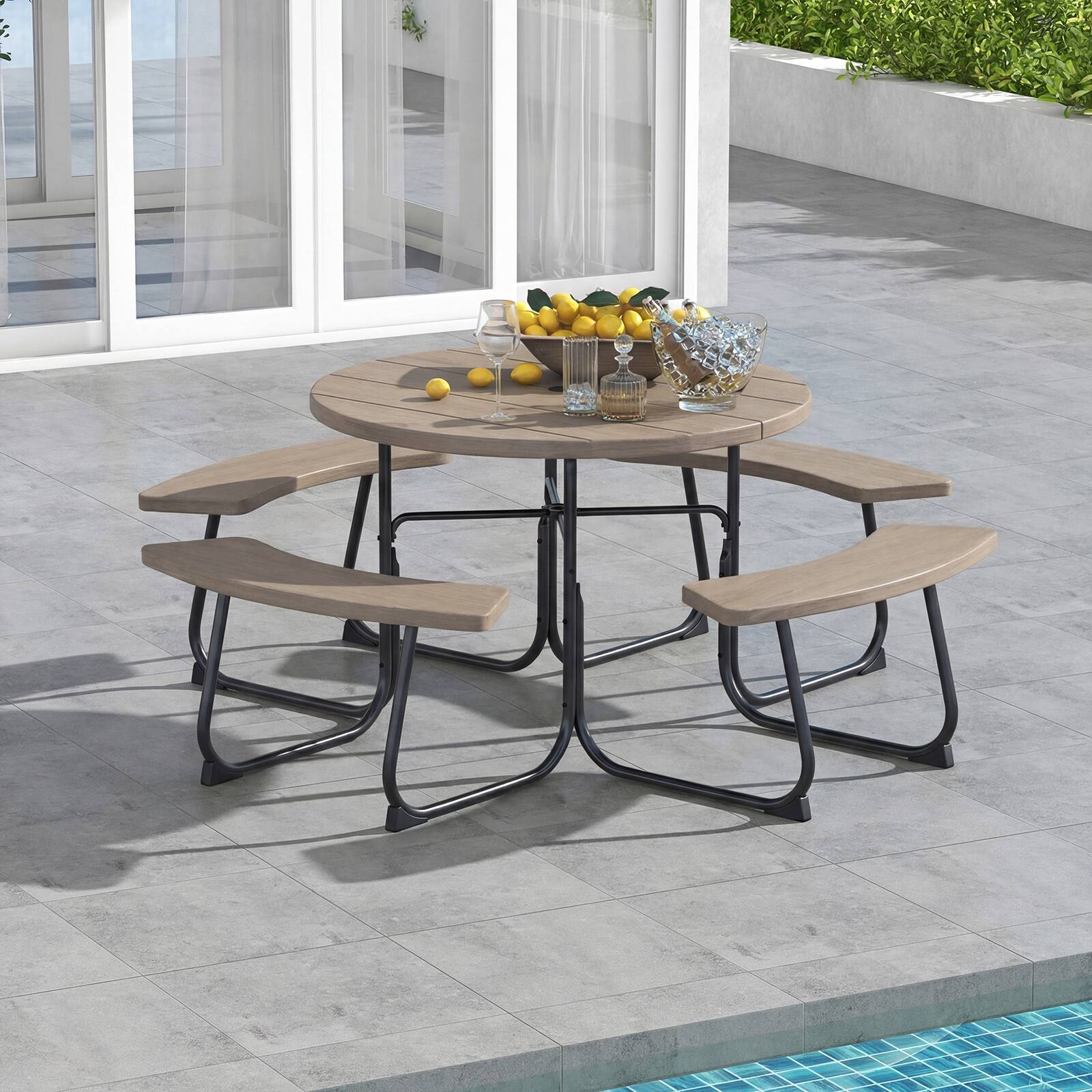 Alt View 1. Costway - Costway Outdoor 8-person Round Picnic Table Bench Set with 4 Benches & Umbrella Hole - Brown.