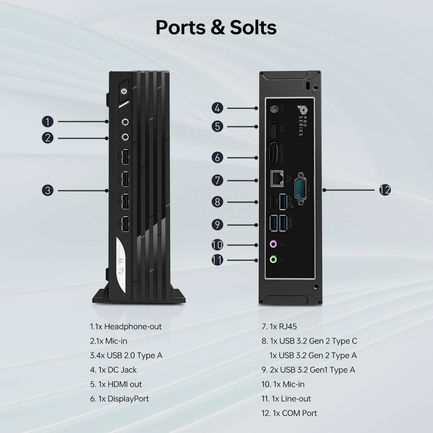 Ports & Slots

1. 1x Headphone-out
2. 2.1x Mic-in
3. 3.4x USB 2.0 Type A
4. 1x DC Jack
5. 1x HDMI out
6. 1x DisplayPort
7. 1x RJ45
8. 1x USB 3.2 Gen 2 Type C
9. 1x USB 3.2 Gen 2 Type A
10. 2x USB 3.2 Gen1 Type A
11. 1x Mic-in
12. 1x Line-out
13. 1x COM Port