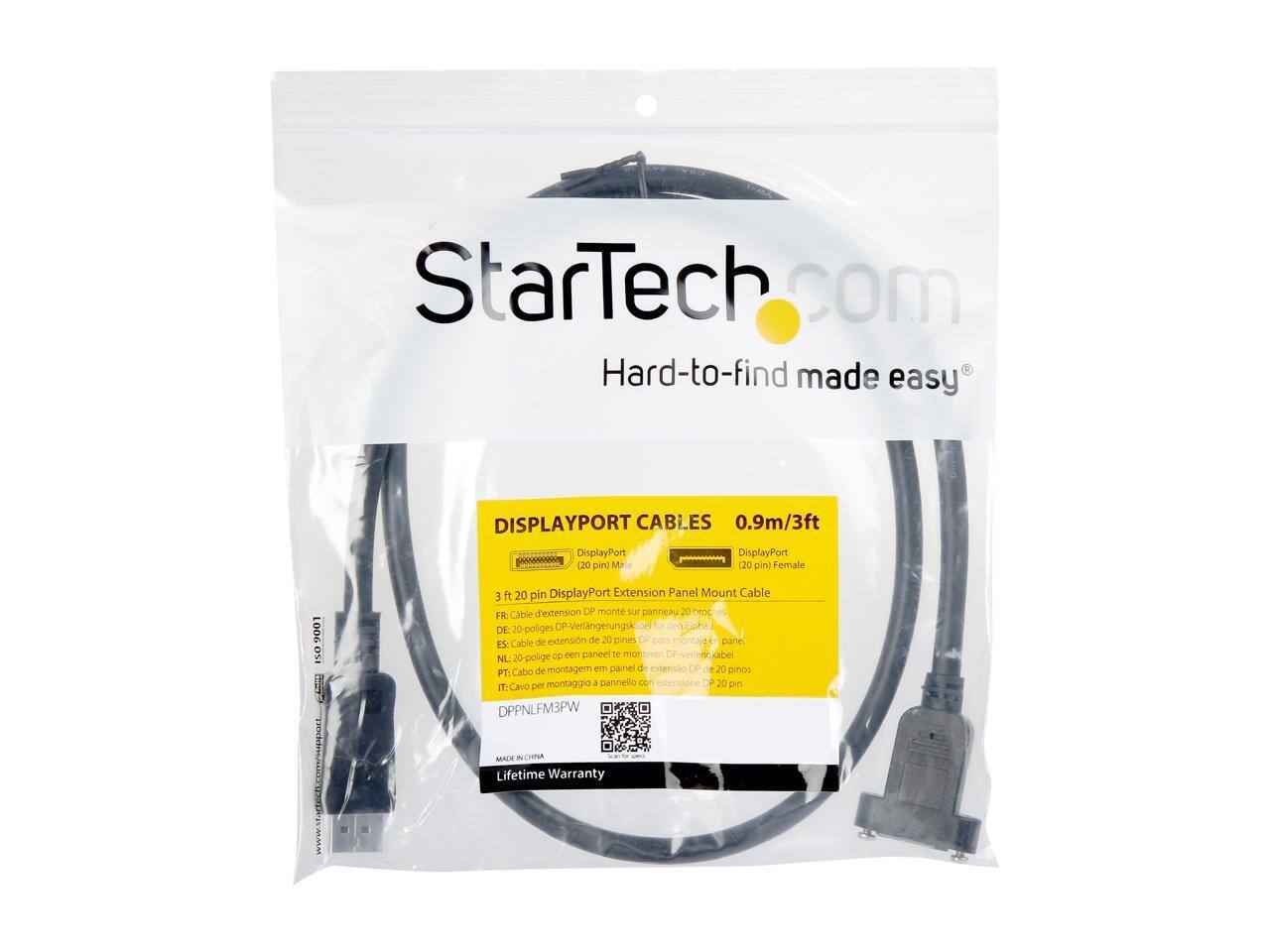 StarTech.com  
Hard-to-find made easy  

DISPLAYPORT CABLES 0.9m/3ft  
DisplayPort (20 pin Male) - DisplayPort (20 pin Female)  

3 ft 20 pin DisplayPort Extension Panel Mount Cable  

FR: Câble d'extension DF monté sur panneau 20 pôles  
DE: 20-polige DisplayPort-Verlängerungskabel für Panel-Mount  
ES: Cable de extensión de 20 pines para montaje en panel  
NL: 20-polige Cabo de montaje - painel de extensie DF  
PT: Cabo de montagem a painel com extensão DF 20 pinos  
IT: Cavo per DPPNLFM3PW  

MADE IN CHINA  
Lifetime Warranty