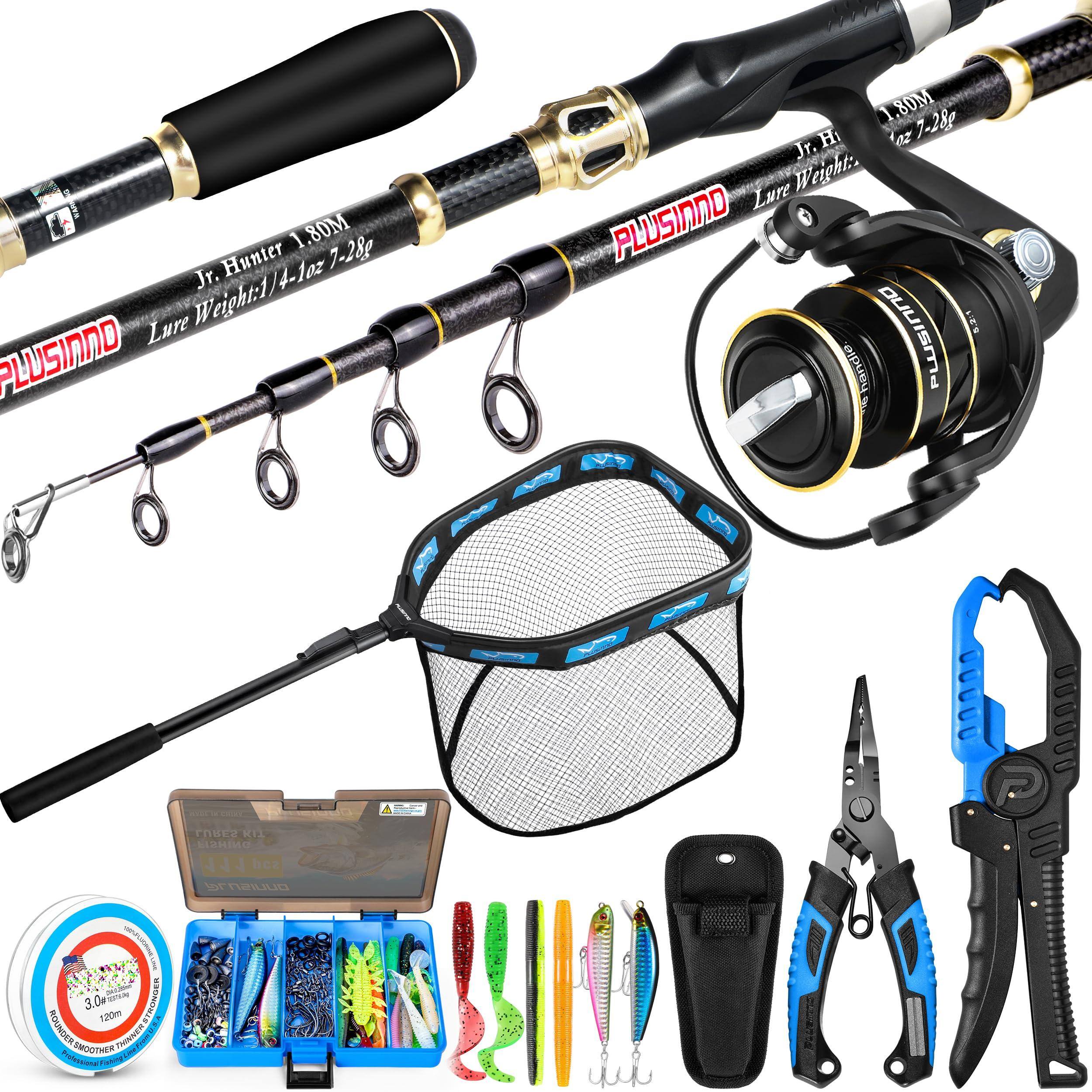 Sure, here is the corrected and grouped text from the image:

---

**Fishing Rod and Reel:**
- Jr. Hunter 1.80M
- Lure Weight: 1/4-1oz - 7-28g

**Brand:**
- PLUSINNO

**Fishing Net:**
- 3.0m
- 120m

**Fishing Accessories:**
- Various lures and tackle in a blue tackle box

**Fishing Knife:**
- Blue and black handle

**Fishing Line:**
- 3.0m
- 120m
- 0.2mm

**Fishing Accessories:**
- Various tools and accessories in a black case

---