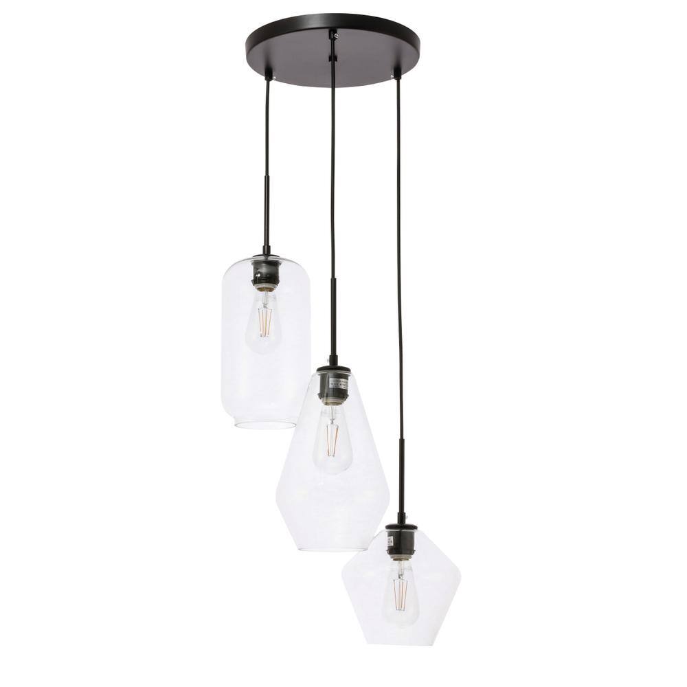 Alt View 6. Living District - Gene 3 light Black and Clear glass pendant - Black And Clear Glass.