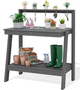 SERWALL - 3-Tier HDPE Potting Bench Outdoor with Storage, All-Weather Heavy Duty Gardening Table with Tool Hooks for Patio - Gray