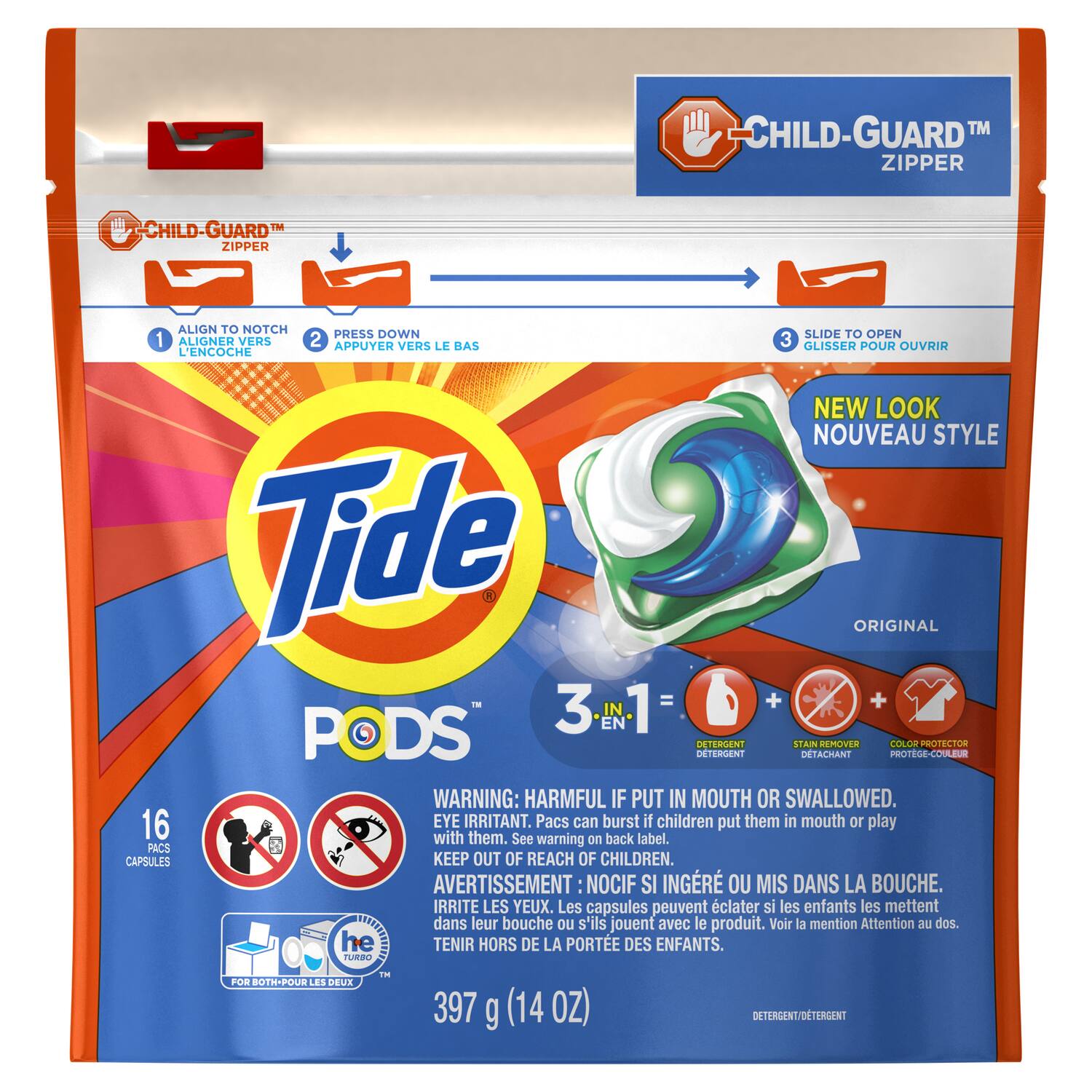 **CHILD-GUARD™ ZIPPER**

1. Align to notch
   - Aligner vers l'encoche

2. Press down
   - Appuyer vers le bas

3. Slide to open
   - Glisser pour ouvrir

**Tide PODS™**

**NEW LOOK NOUVEAU STYLE**

**ORIGINAL**

**3 IN 1 =**
- Detergent
- Stain remover
- Color protector

**WARNING: HARMFUL IF PUT IN MOUTH OR SWALLOWED. PACS CAN BURST IF CHILDREN PUT THEM IN MOUTH OR PLAY WITH THEM. KEEP OUT OF REACH OF CHILDREN.**
- AVERTISSEMENT: NOCIF SI INGIRÉ OU MIS DANS LA BOUCHE. Les capsules peuvent éclater si les enfants les mettent dans leur bouche ou s'ils jouent avec le produit. TENIR HORS DE LA PORTE DES ENFANTS.

**16 PACS CAPSULES**

**397 g (14 OZ)**

**FOR BOTH - POUR LES DEUX**