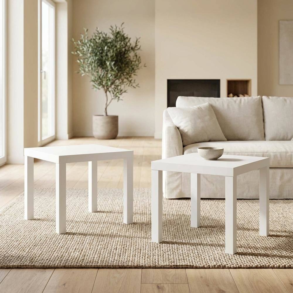 Left. FurniFact - White 2-Piece Square Coffee and Side Table Set with Minimalist Design - White.