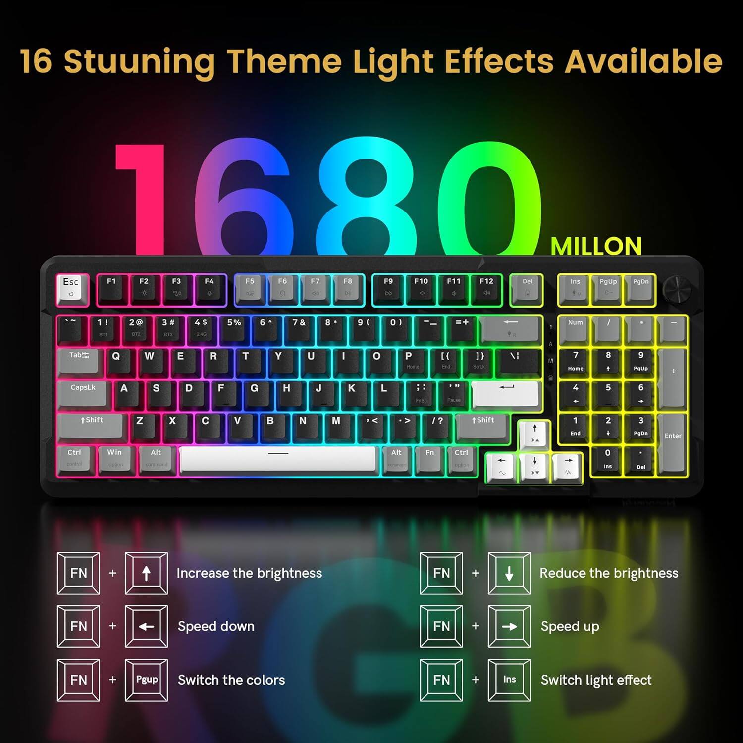 16 Stunning Theme Light Effects Available

1680 MILLION

Increase the brightness: FN + Up Arrow
Reduce the brightness: FN + Down Arrow
Speed down: FN + Left Arrow
Speed up: FN + Right Arrow
Switch the colors: FN + PgUp
Switch light effect: FN + Ins