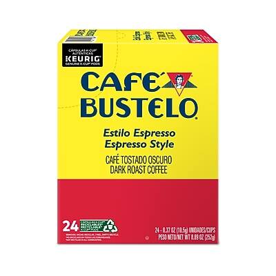 CAPSULAS K-CUP AUTENTICAS KEURIG GENUINE CUP  
CAFE BUSTELO  
Estilo Espresso Espresso Style  
CAFE TOSTADO OSCURO DARK ROAST COFFEE  
24 UNIDADES/CUPS  
0.37 OZ (10.5g) CADA  
PESO NETO/NET WT 8.89 OZ (252g)