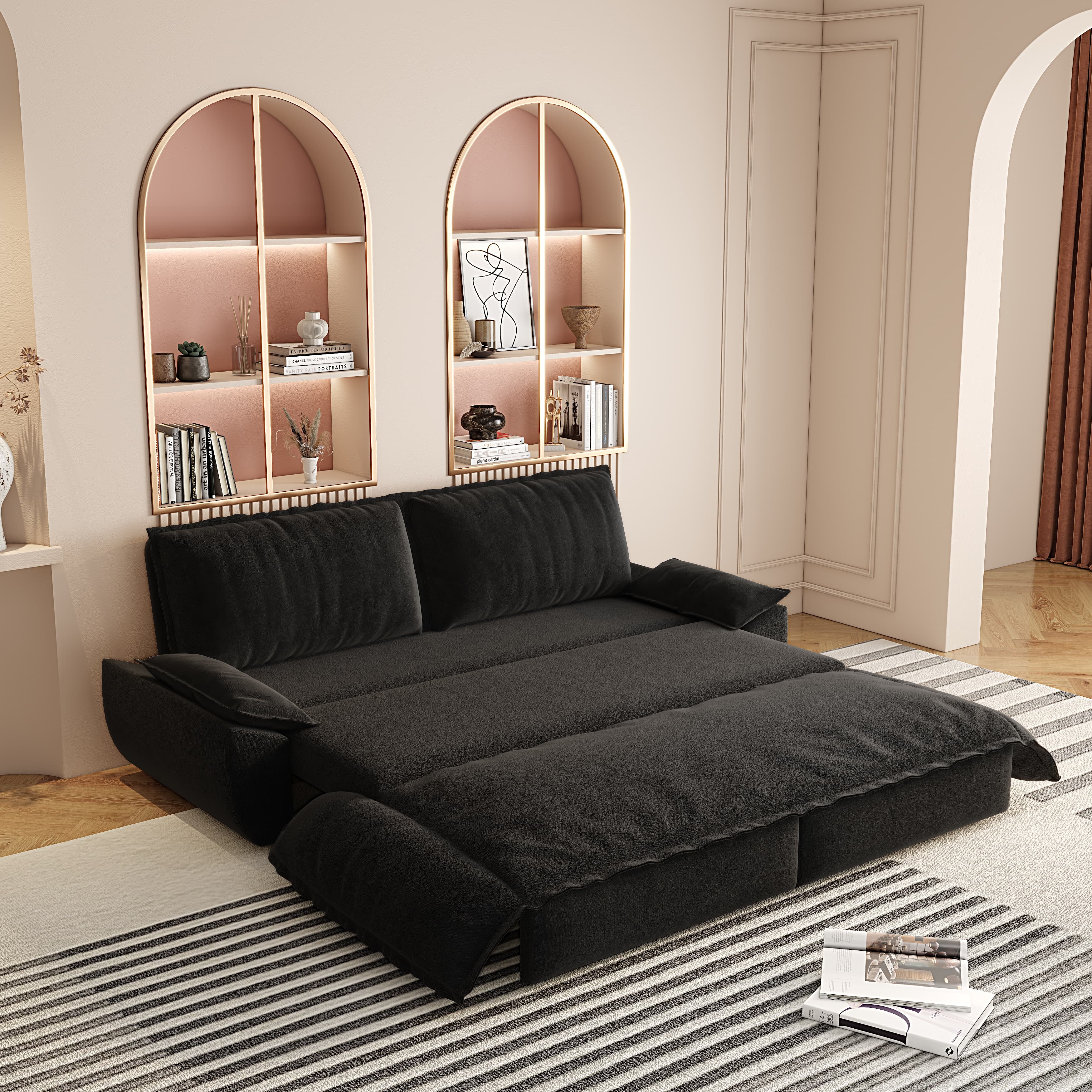 Angle. Anysun - 73.2" 3-in-1 Velvet Convertible Sleeper Sofa Bed - Queen Pull-Out Loveseat - Black.