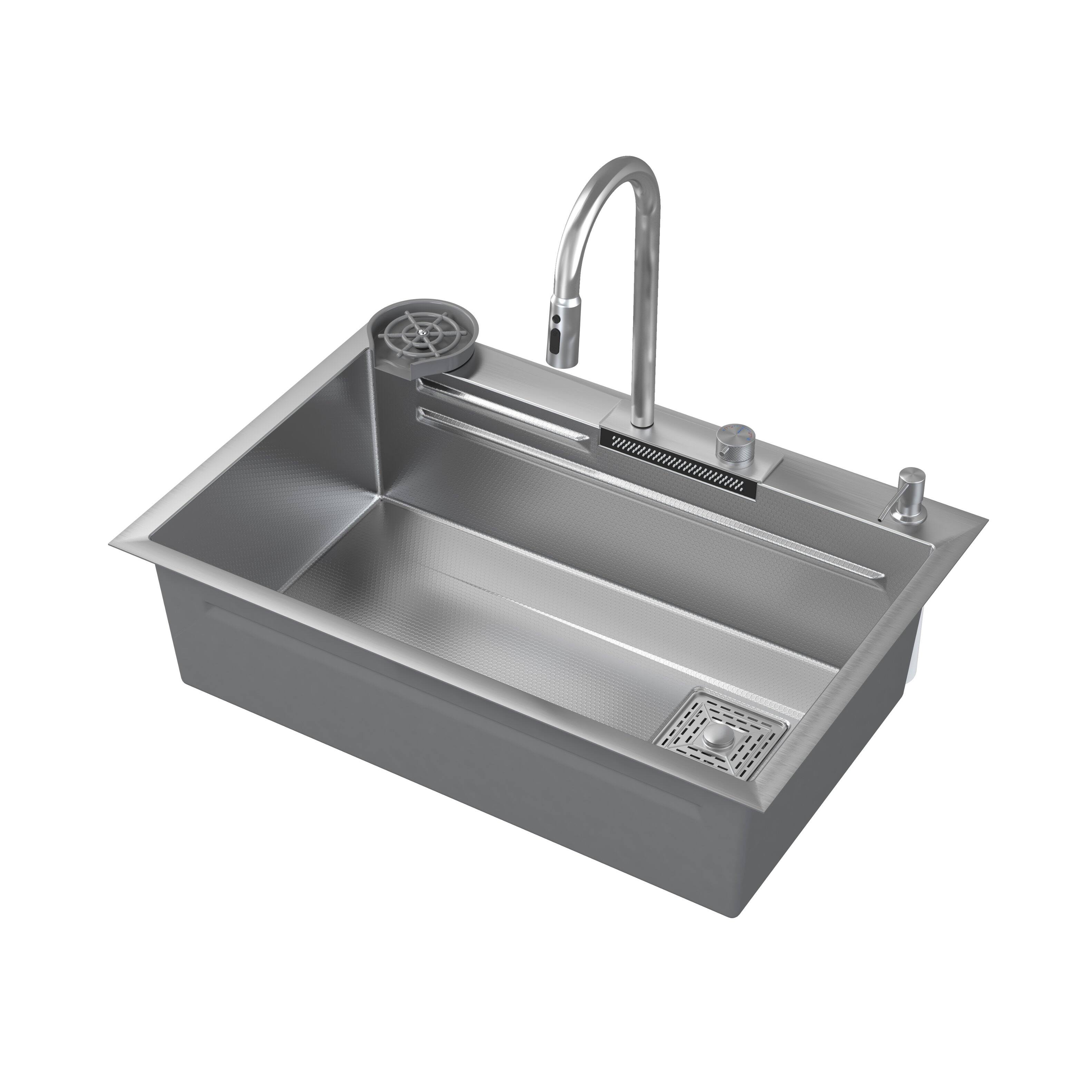 Left. Famapy - Workstation Kitchen Sink with Faucet, Drop-in Single Bowl Sink with Cup Washer & Control Knob - Matte Silver.