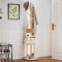 Vecelo - 4-in-1 Freestanding Coat Rack with Laundry Basket, Towel & Shoe Storage, Space Saving Entryway Organizer - Champagne