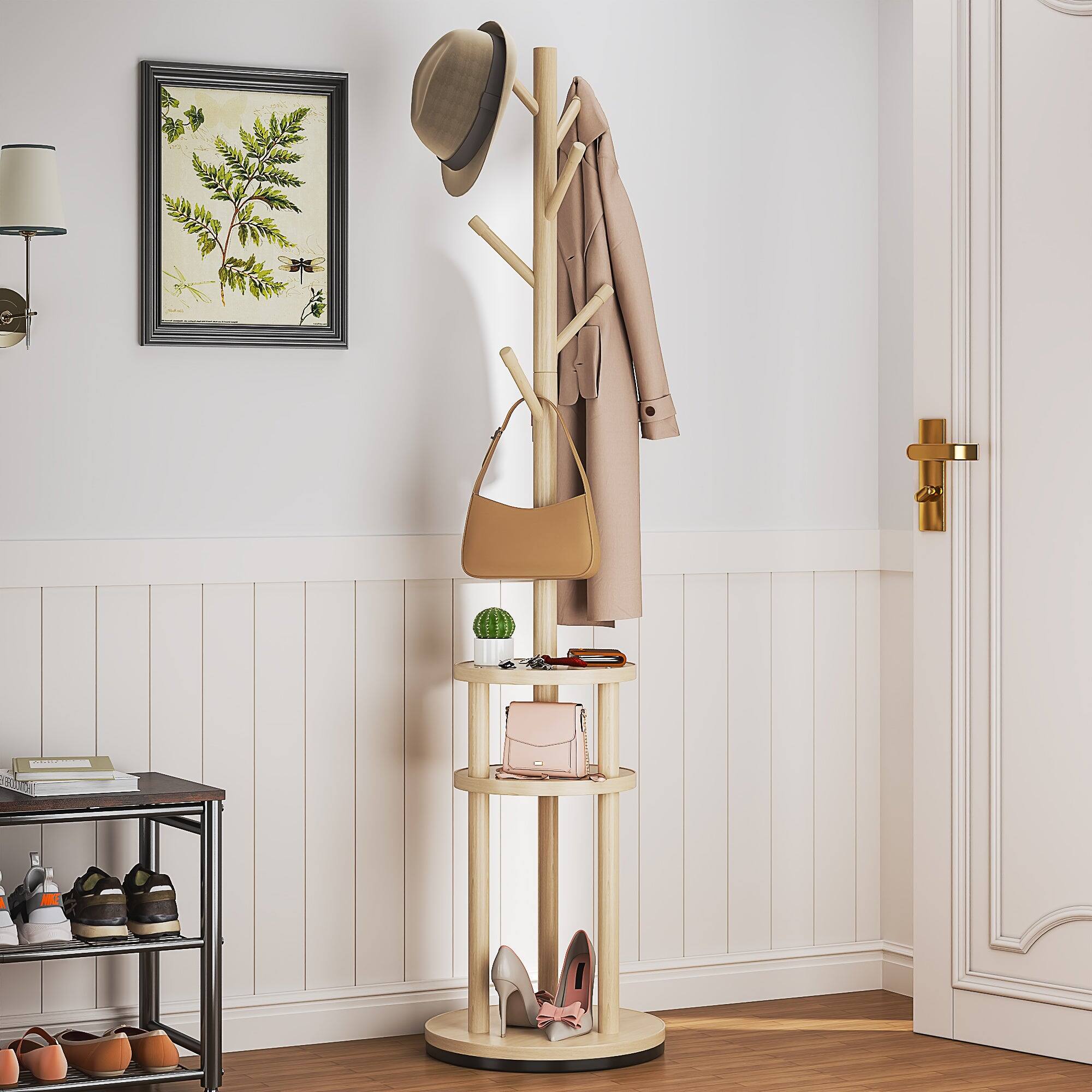 Front. Vecelo - 4-in-1 Freestanding Coat Rack with Laundry Basket, Towel & Shoe Storage, Space Saving Entryway Organizer - Champagne.
