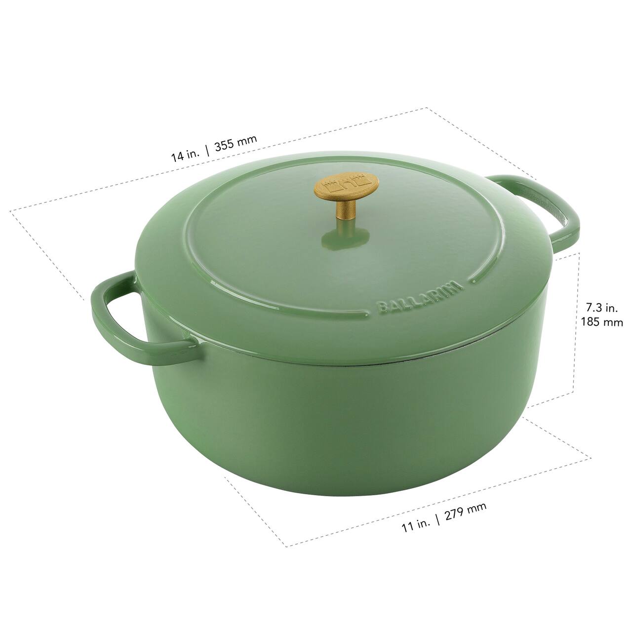 - Diameter of the lid: 14 in. | 355 mm
- Height of the pot: 11 in. | 279 mm
- Diameter of the base: 7.3 in. | 185 mm