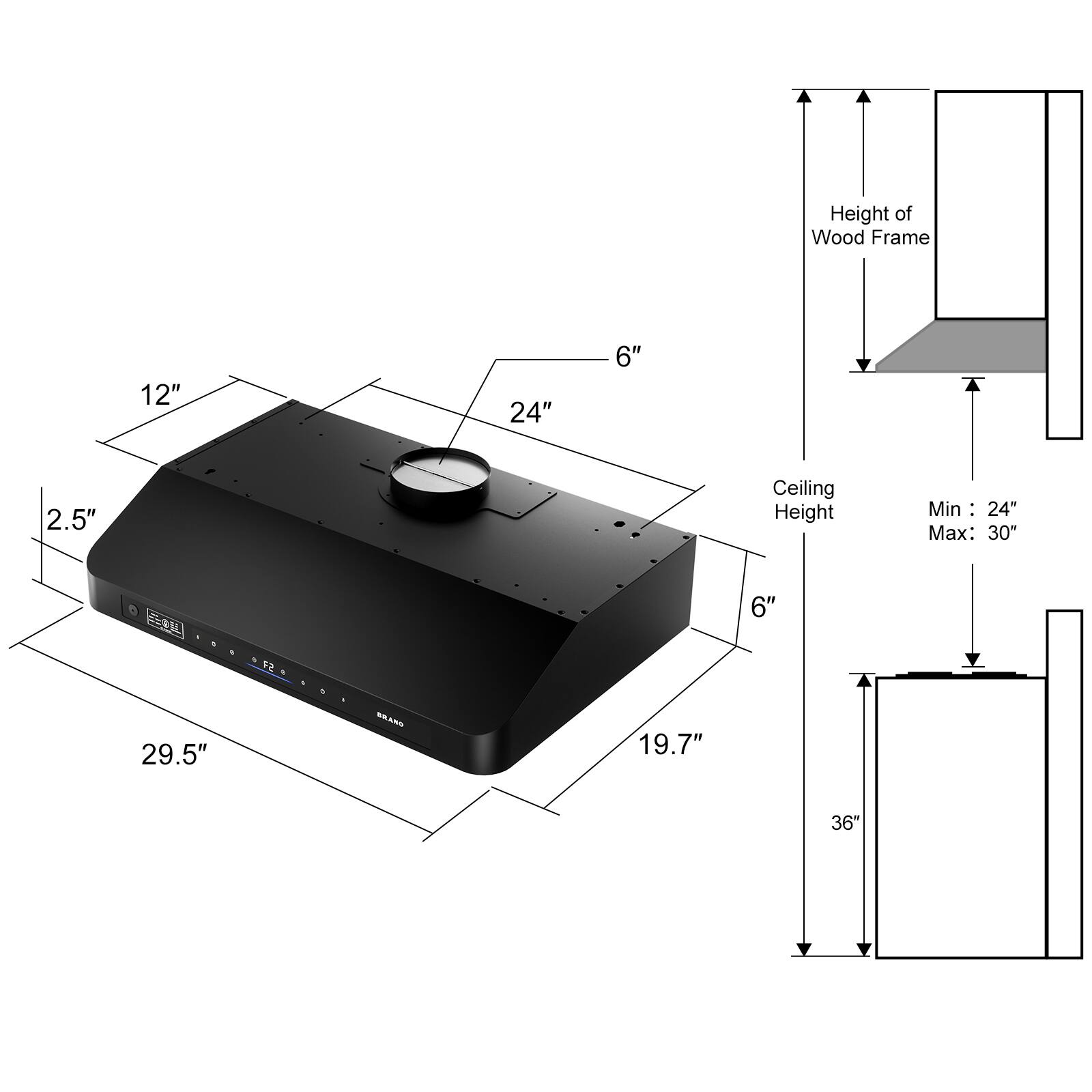 Height of Wood Frame: 12" x 24" x 6" x 2.5"

Ceiling Height:
- Min: 24"
- Max: 30"

Dimensions:
- 29.5"
- 19.7"
- 36"