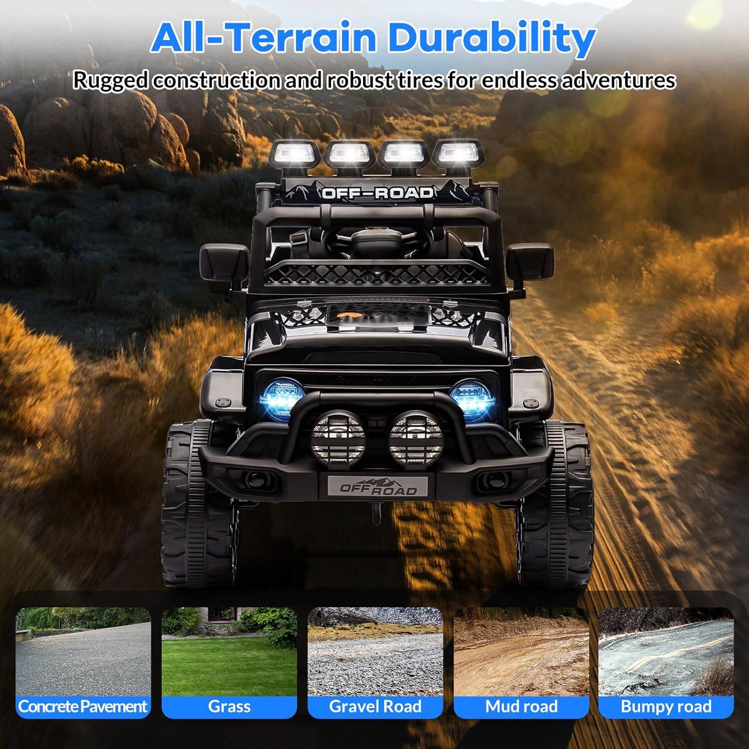 All-Terrain Durability
Rugged construction and robust tires for endless adventures
Concrete Pavement
Grass
Gravel Road
Mud road
Bumpy road