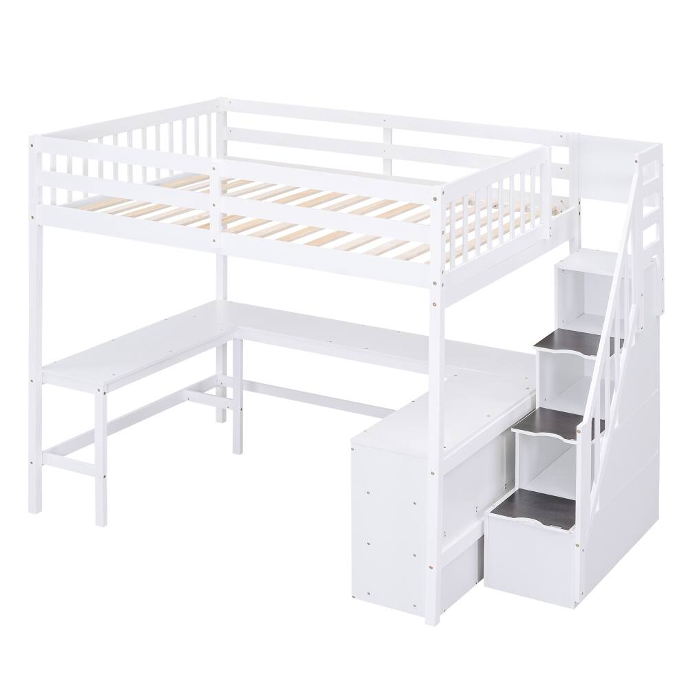 Alt View 10. Loheer - Loheer Full Size Loft Bed with L-Shaped Desk and Storage Stairs, White - White.