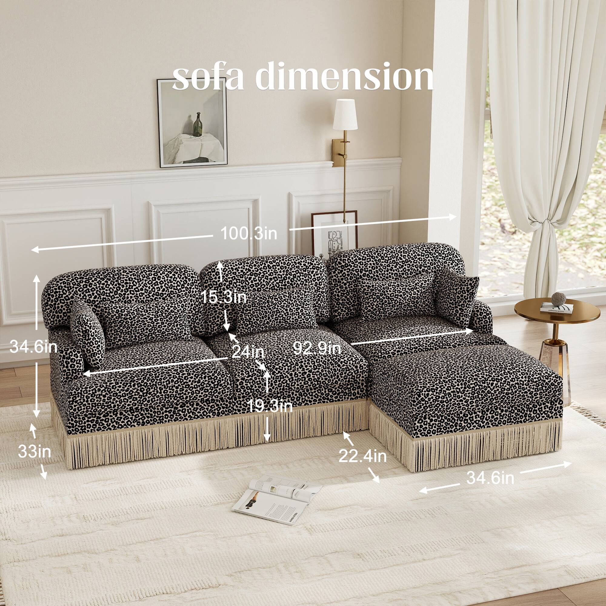 sofa dimension 100.3in LG 15.3in 34.6in 24in 92.9in 19.3in 33in 22.4in 34.6in