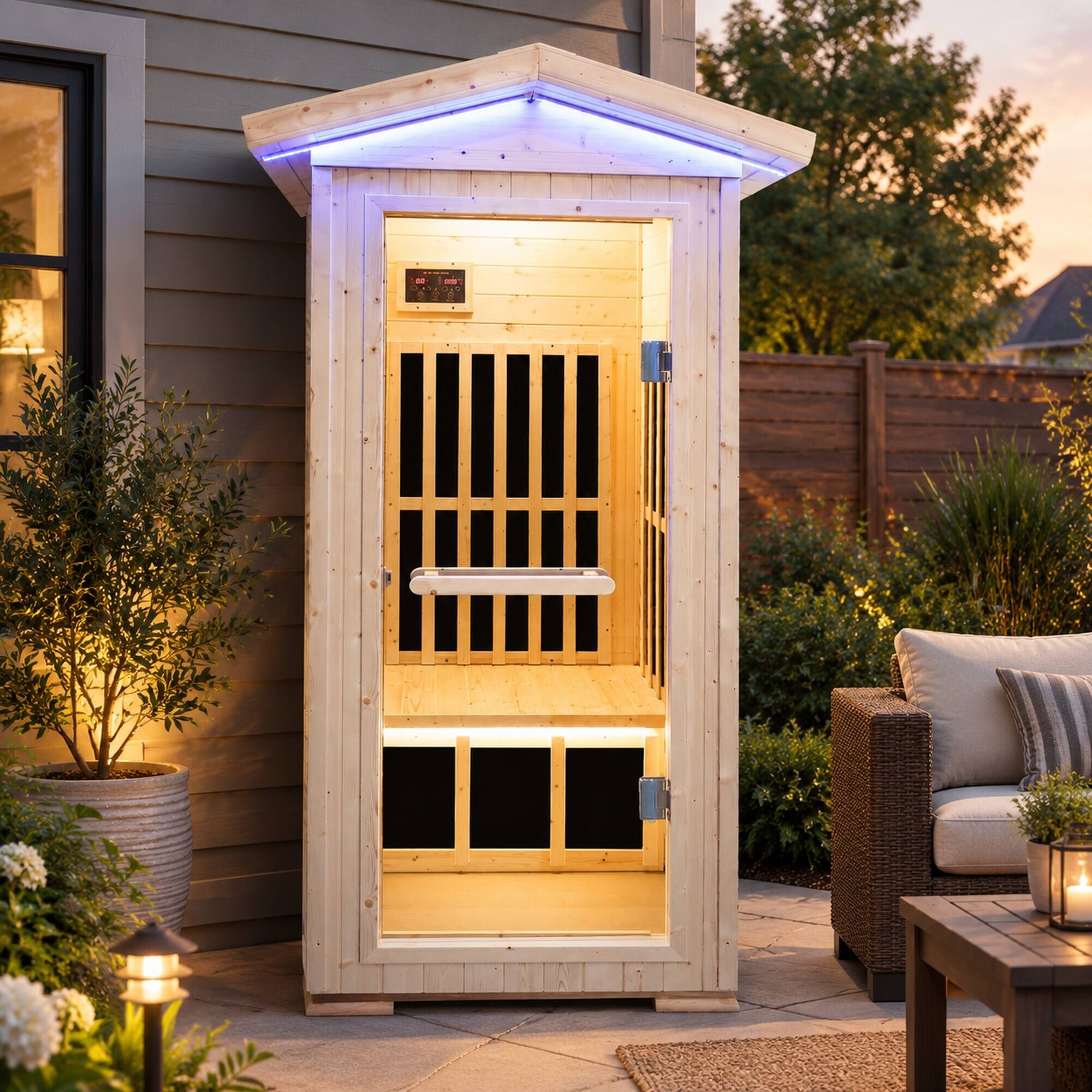 Left. RYHNUYNE - Single Person Spruce Far Infrared Sauna, 900 x 900 x 2070 mm, 7 Heating Plates, Bluetooth Music Player, 1550W - Natural.