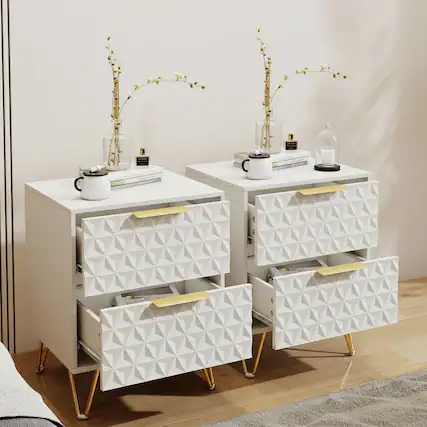 Front. Kadyn - 2-Piece Diamond Pattern Nightstand Set with Gold Handles and Hairpin Legs - White - White.